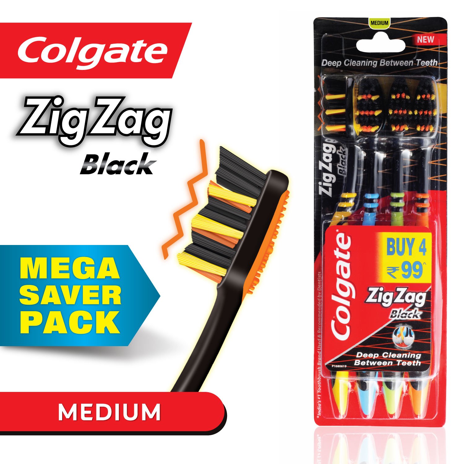 Colgate Zig Zag Black Toothbrush - 4 Pack Deep Cleaning Toothbrushes for Teeth Whitening & Plaque Removal - Perfect for Travel, Home & Office Use