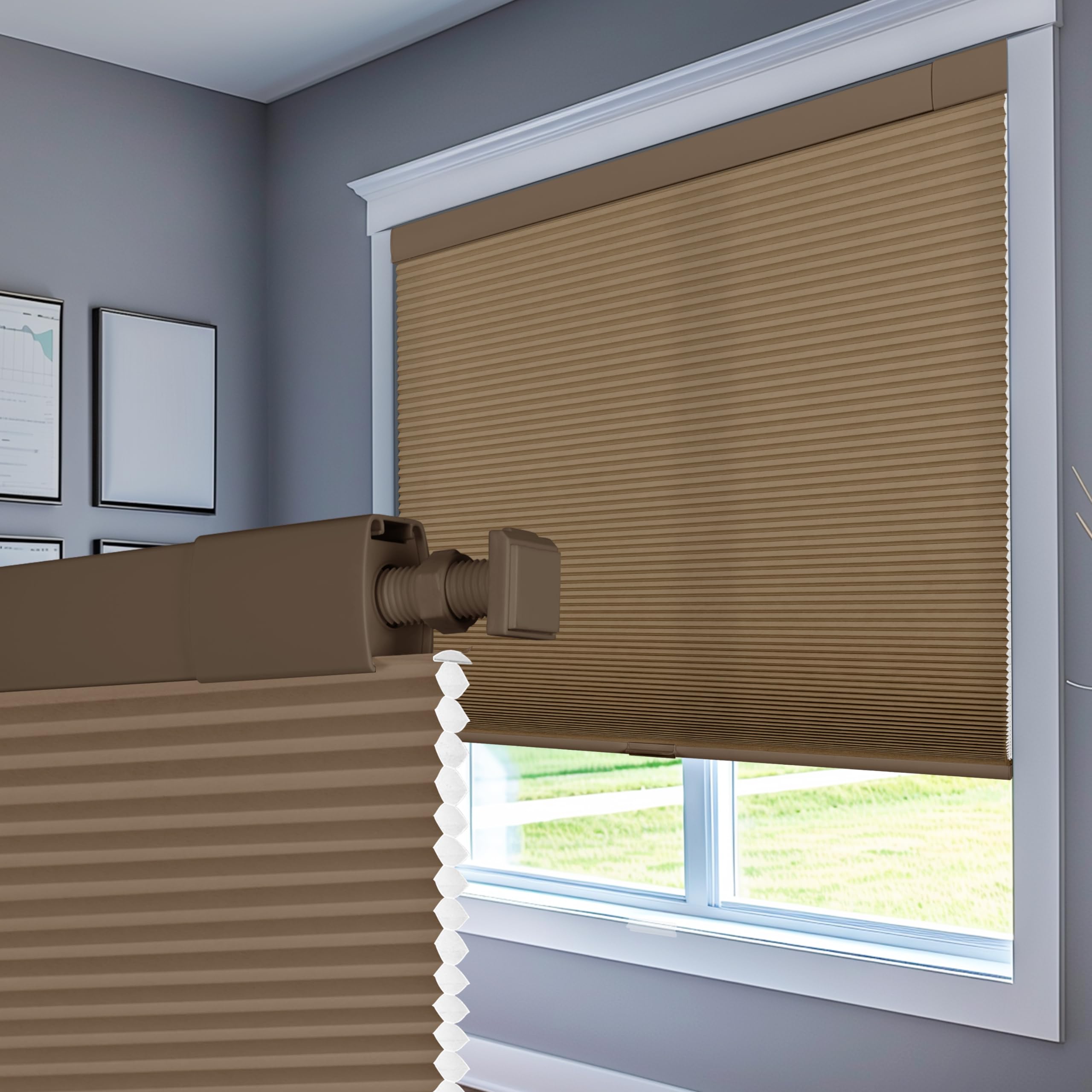 Boolegon No Drill Cordless Honeycomb Cellular Shades - Light Filtering Pull Down Blinds for Windows & Doors, Easy Installation No Tools or Screws, Brown - Perfect for Home, Office & Nursery