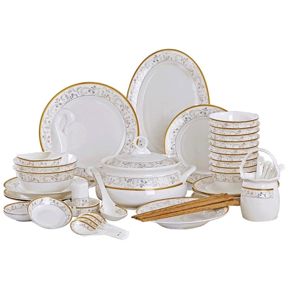 60-Piece Jingdezhen Ceramic Dinnerware Set - Chinese Porcelain Soup Bowls, Salad Plates & Noodle Dishes for Asian Dining, Home Kitchen & Restaurant Tableware