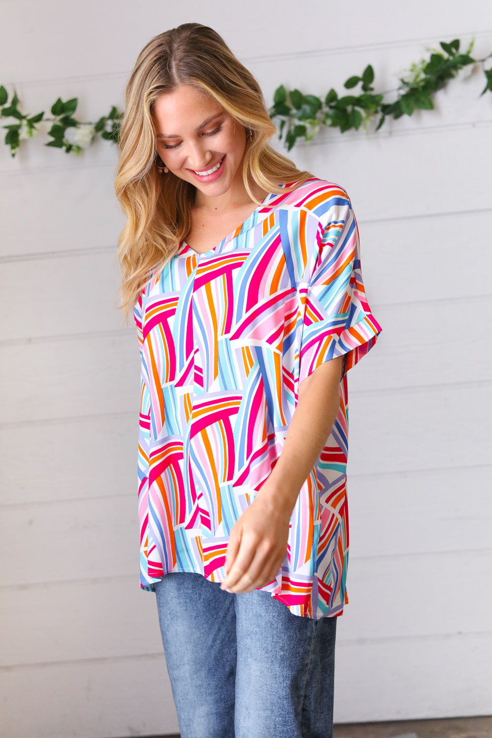 Stylish Blue & Fuchsia Geometric Print Woven Top for Women | Trendy Casual Blouse for Summer Outfits, Office Wear & Date Nights