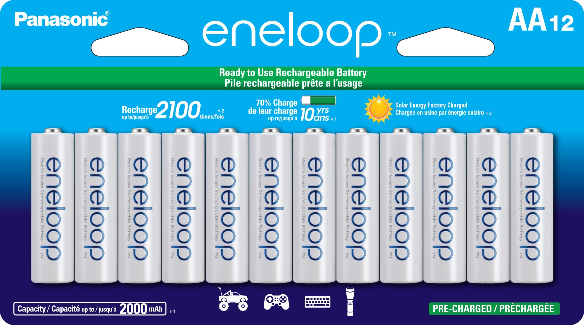 Panasonic Eneloop BK-3MCCA12FA AA Rechargeable Batteries - 2100 Cycles Ni-MH Pre-Charged, 12-Pack for Digital Cameras, Game Controllers & Home Electronics