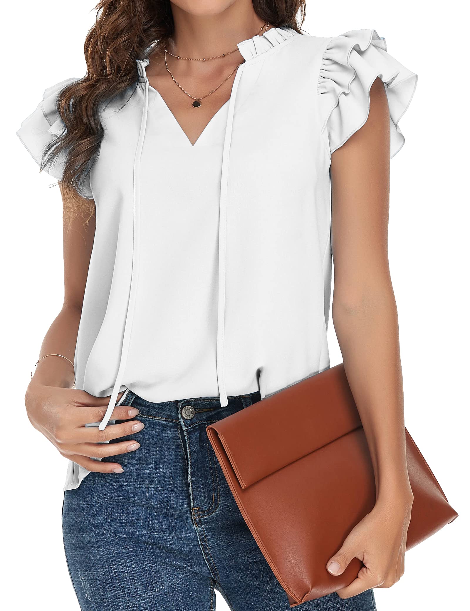 GOORY Women's 2023 Summer Casual Ruffle V-Neck Blouse - Flutter Sleeve Chiffon Tunic Top for Business & Work | Lightweight Loose Fit Shirt for Office, Dating & Outdoor Activities