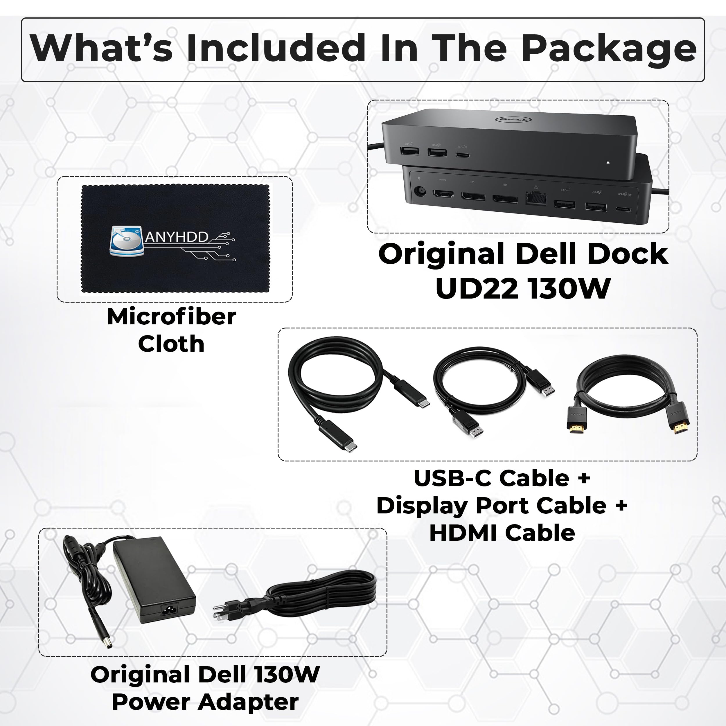 UD22 Dell Docking Station Dual Monitor Bundle - Universal Laptop Dock for Dell with 130W AC Adapter, HDMI/DisplayPort/USB-C Cables & Microfiber Cloth - Ideal for Home Office, Remote Work, Business Travel & Multi-Screen Productivity Setup