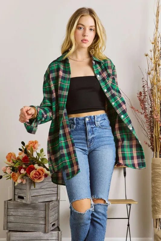 ADORA Women's Plus Size Classic Plaid Button Down Shirt with Roll-Up Sleeves - Casual Office Wear & Fall Layering Essential