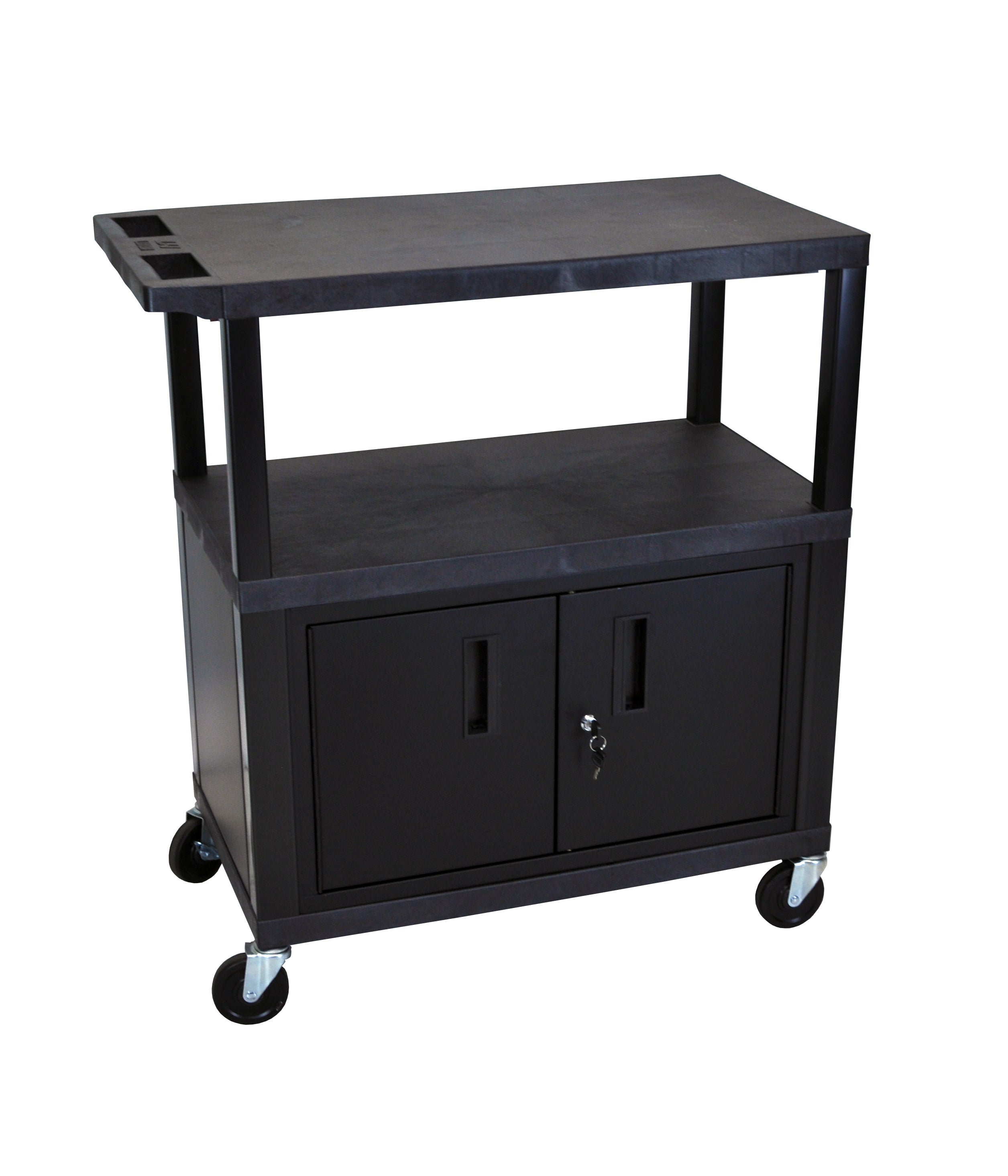 Luxor Black EC38C B 18x32 Rolling Utility Cart with 3 Adjustable Shelves & Storage Cabinet - Perfect for Kitchen, Office, or Workshop Organization