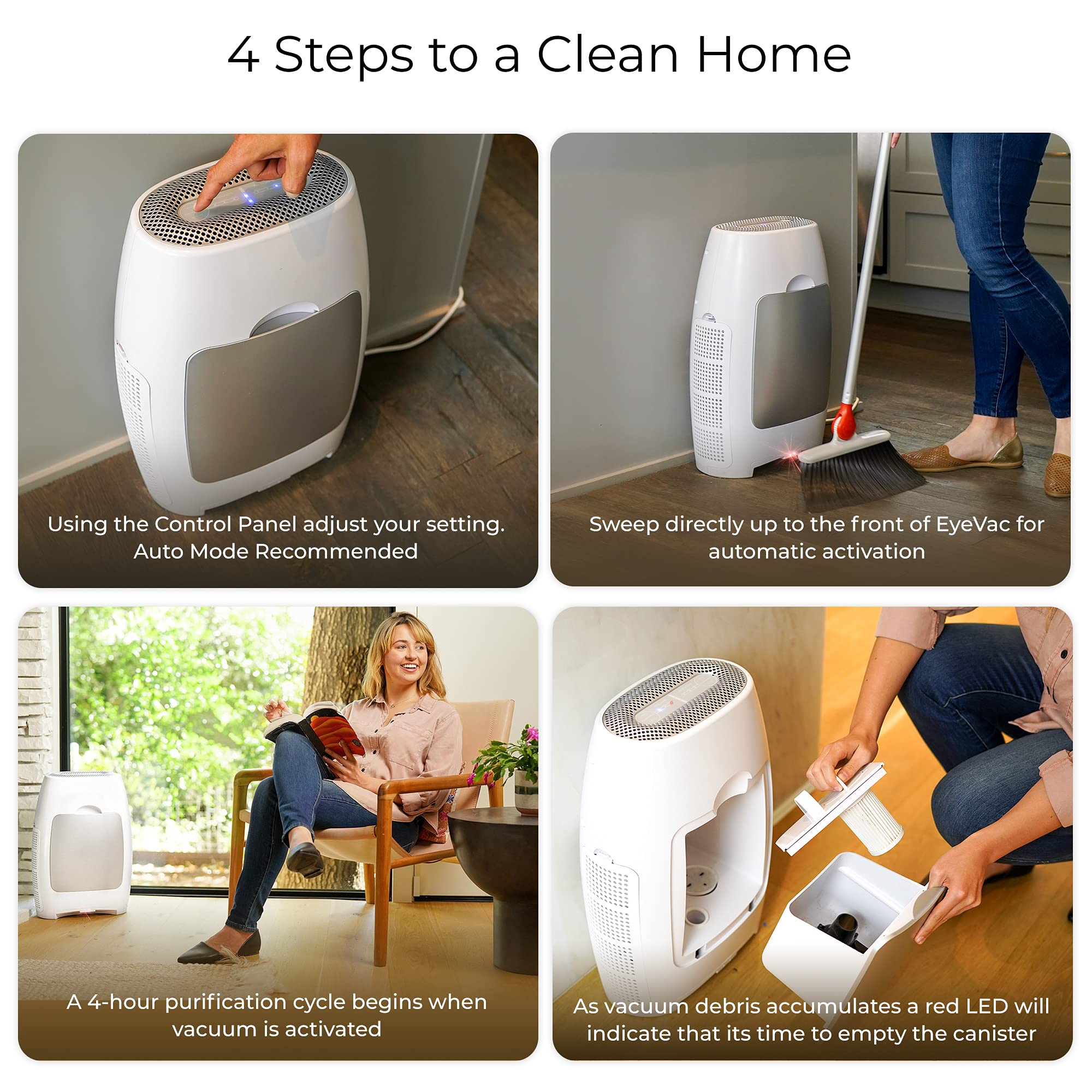 EyeVac Air 2-in-1 HEPA Air Purifier & Touchless Vacuum Automatic Dustpan - Ultra Fast & Powerful 1000W Corded Canister Vacuum - Bagless, 600 Sq ft Coverage with Auto Sensors (White/Silver) - Perfect for Home, Office, and Pet Hair Cleaning
