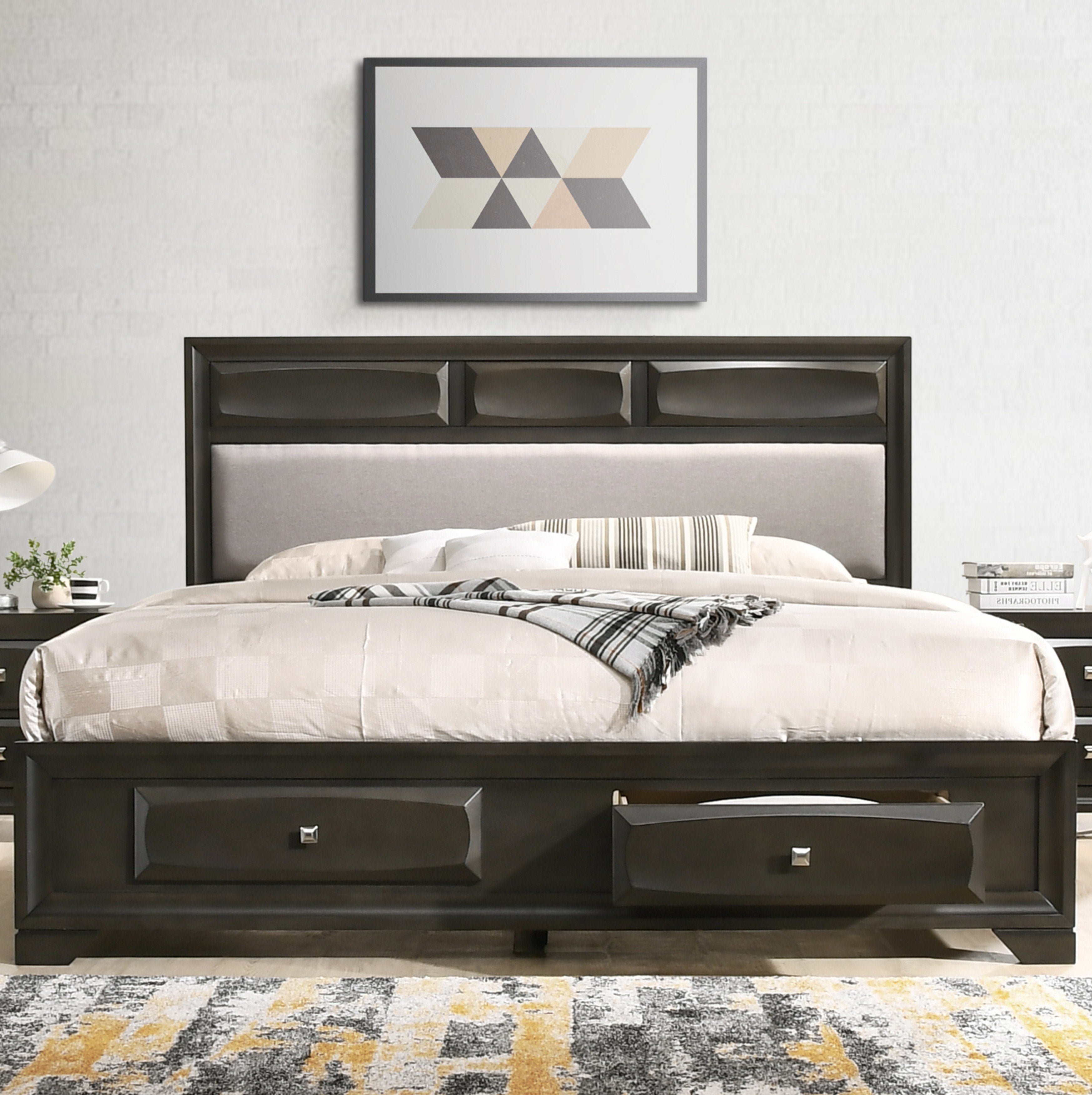 Antique Gray Wood Storage Platform Bed Frame - Queen Size Solid Oak Wooden Bed with Underbed Storage Drawers for Small Bedroom & Guest Room