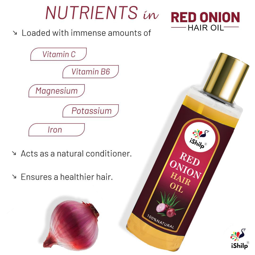 iShilp Red Onion Hair Oil for Shiny & Healthy Hair Growth | 100% Natural Onion Oil Treatment for Long, Strong & Beautiful Hair - 100ml | Perfect for Daily Hair Care & Scalp Nourishment at Home