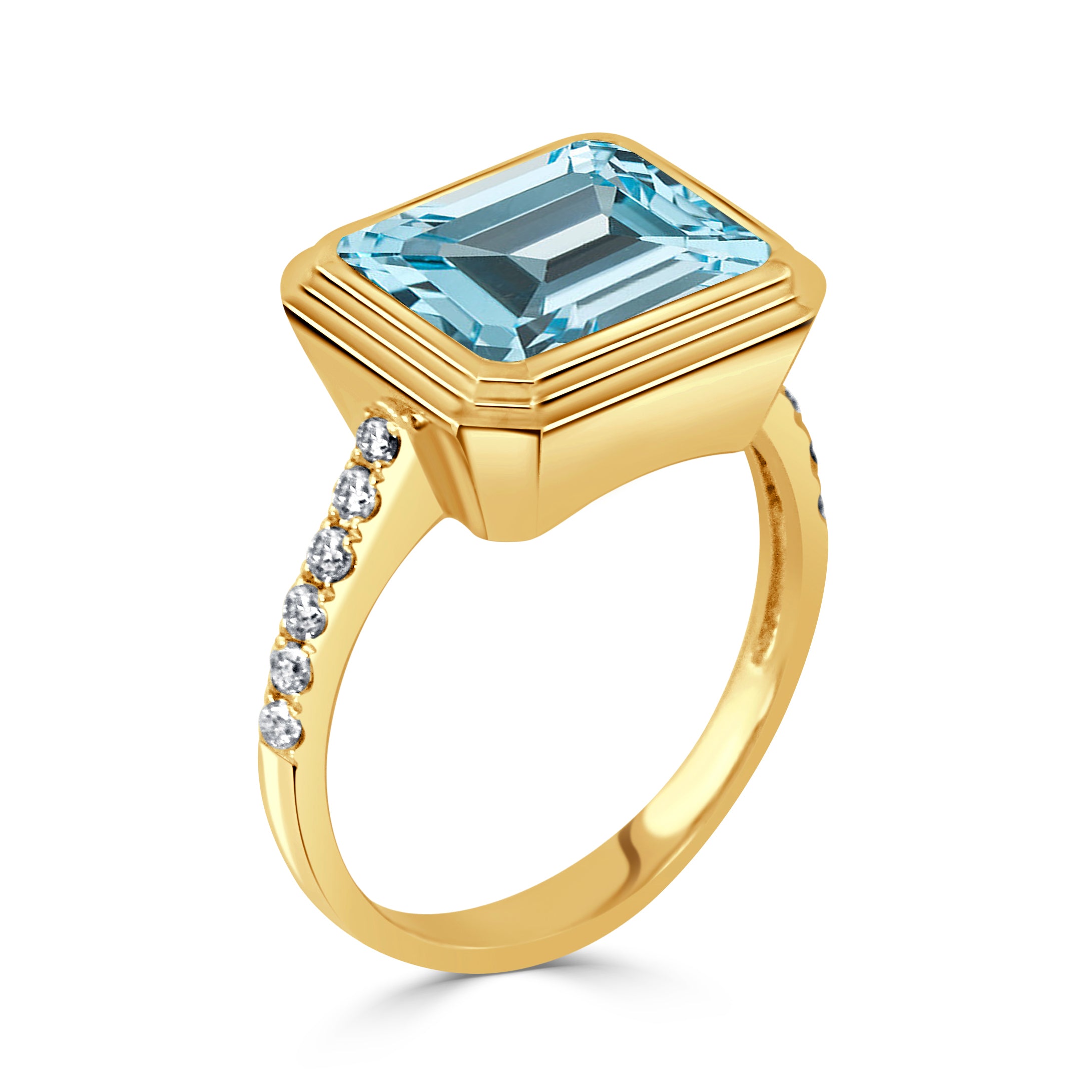 Emerald Cut Blue Topaz & Diamond 18K Yellow Gold Ring for Women - Elegant Wedding, Engagement, Anniversary Jewelry Gift