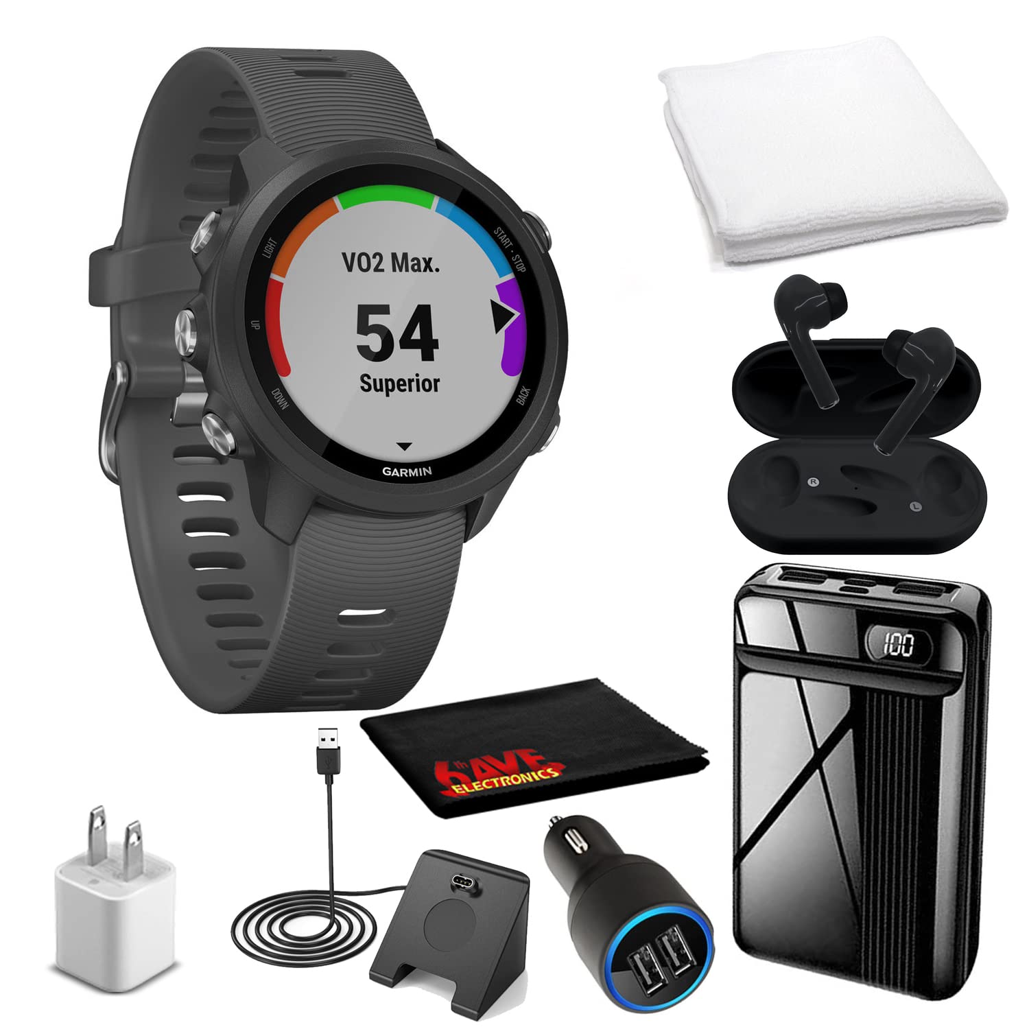 Garmin Forerunner 245 GPS Running Smartwatch - Slate Gray with USB Charger, Wireless Headphones & Accessories Bundle | Perfect for Runners, Athletes & Fitness Enthusiasts (010-02120-00)