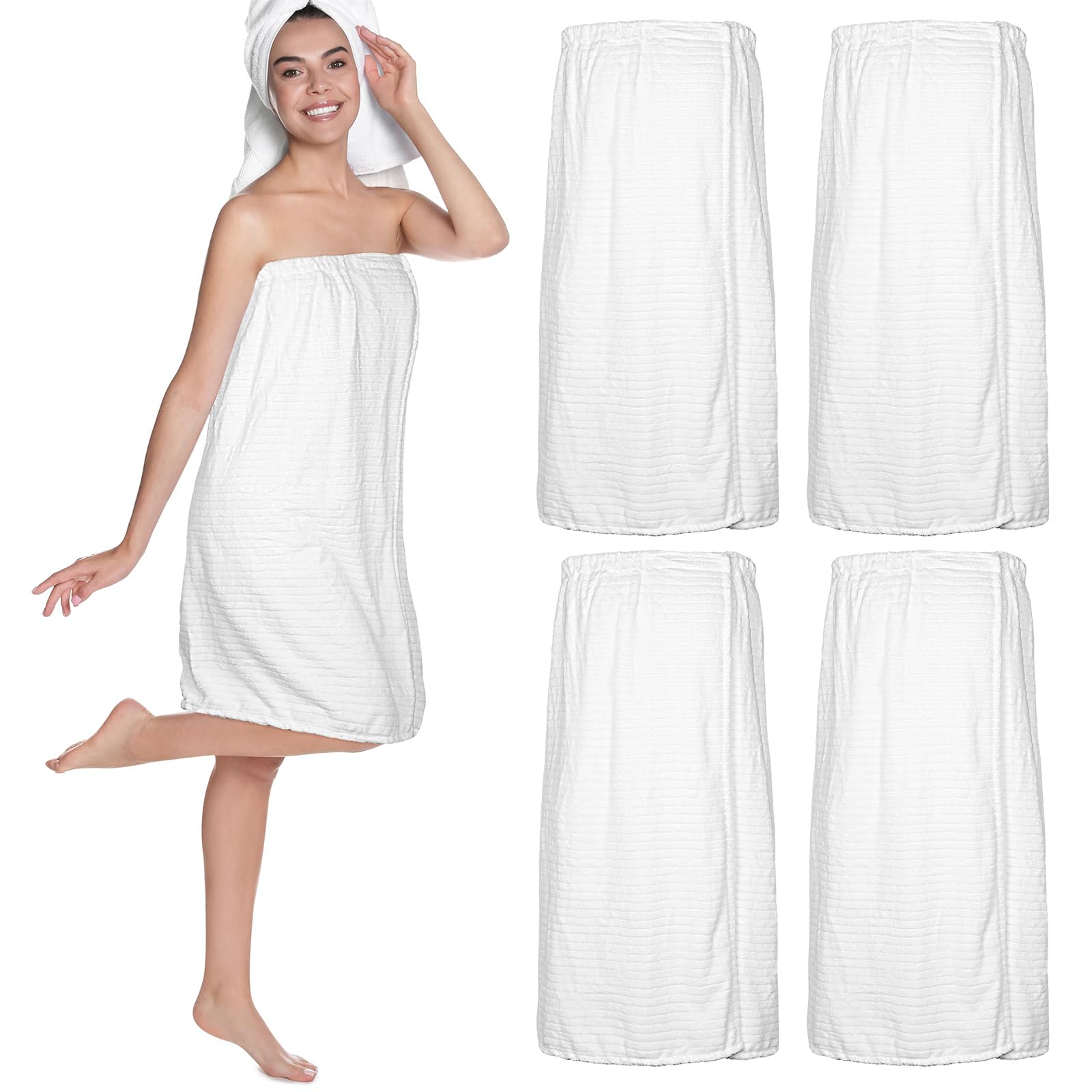 Tigeen 4-Piece Spa Wrap Towel Set for Women - Adjustable Elastic Bath Robe, Lightweight Shower Cover - Perfect for Spa, Massage & Home Relaxation (White Stripes)