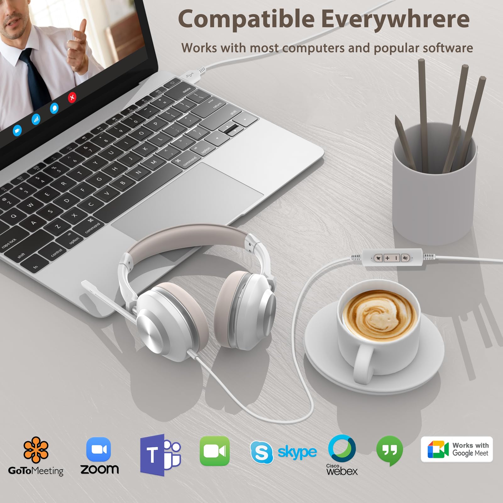 Noise Cancelling USB Headset with Microphone for PC & Laptop - Wired Computer Headset with In-line Volume Control & Mute Button, Includes USB-C Adapter for Office Work, Video Calls, Gaming & Online Meetings (Teams/Zoom/Skype)