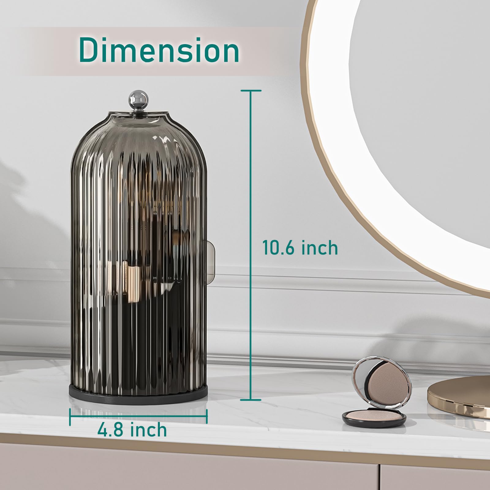 360° Rotating Waterproof Makeup Brush Holder with Lid - Dustproof Cosmetic Organizer for Beauty Brushes & Tools | Vanity Storage for Home, Salon, Travel (Black-Grey)