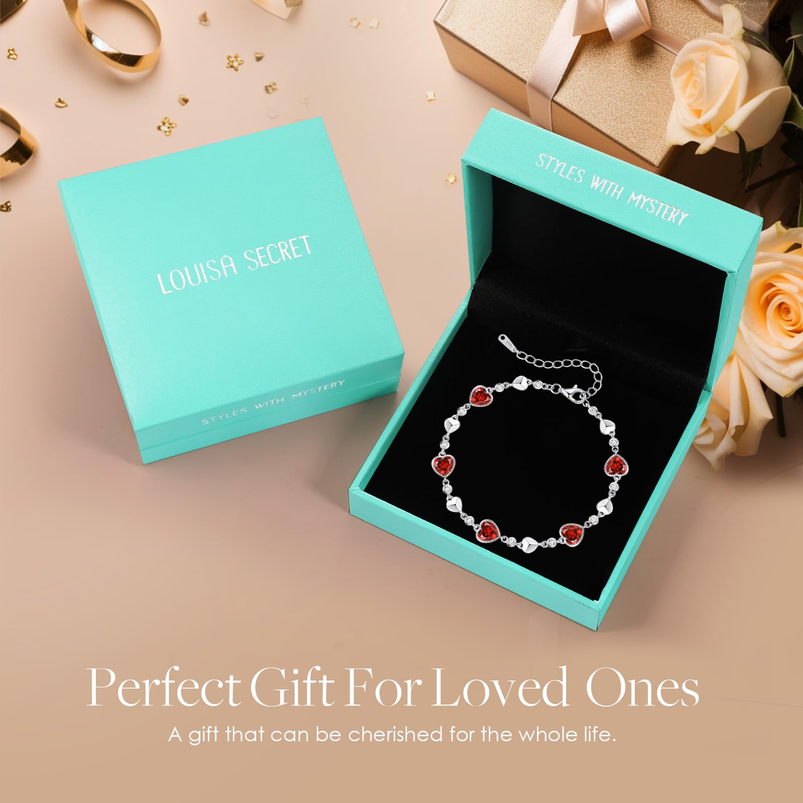 LOUISA SECRET 925 Sterling Silver Five Love Heart Birthstone Bracelet for Women - Elegant Charm Link Bracelet Gift for Wife, Mom, Girlfriend - Perfect for Birthday, Anniversary, Christmas & Everyday Wear