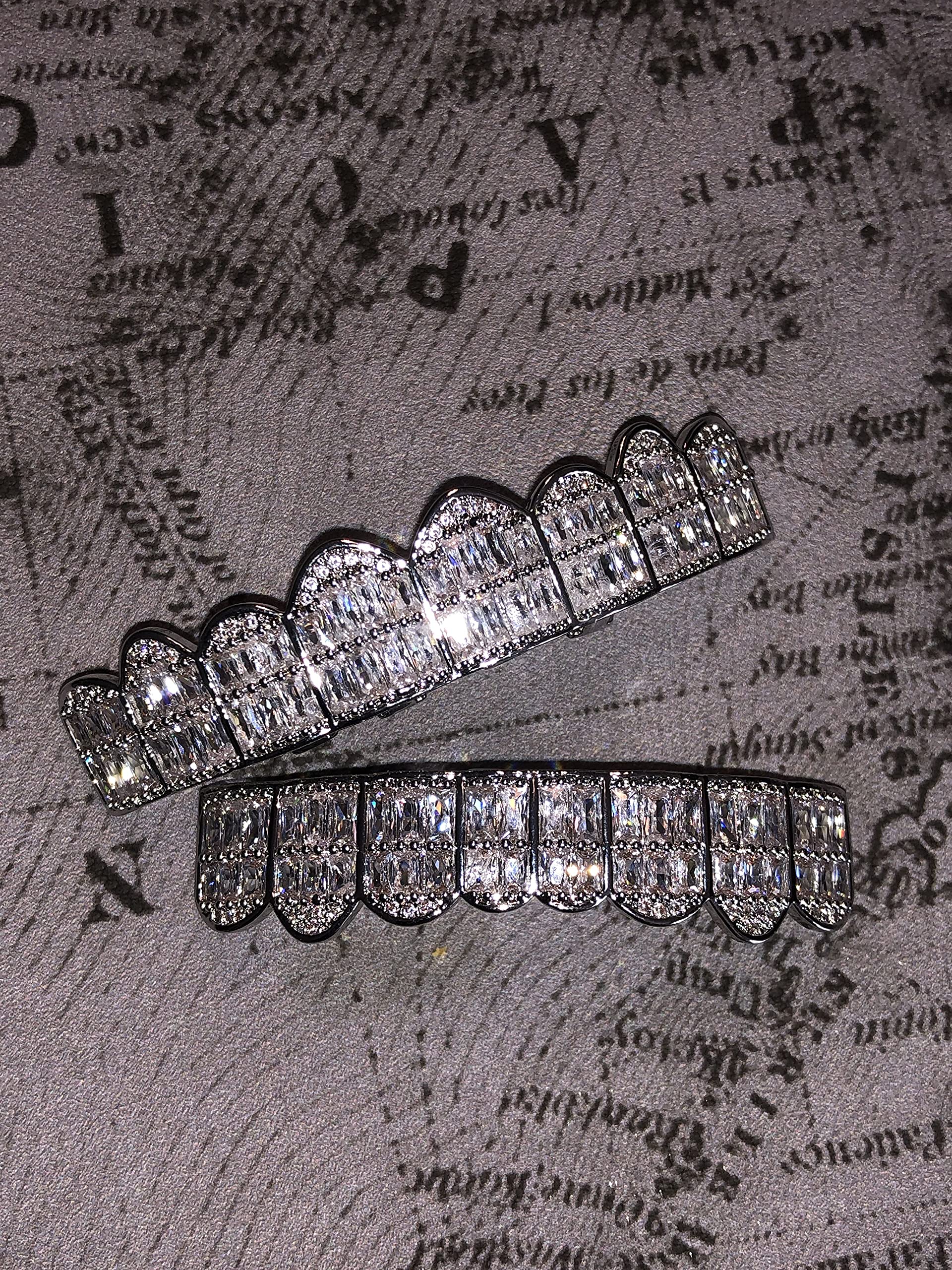 14K White & Gold Iced Out Grillz Set - Top & Bottom Hip Hop Teeth Jewelry for Men & Women | Perfect for Rappers, Performances & Streetwear Fashion
