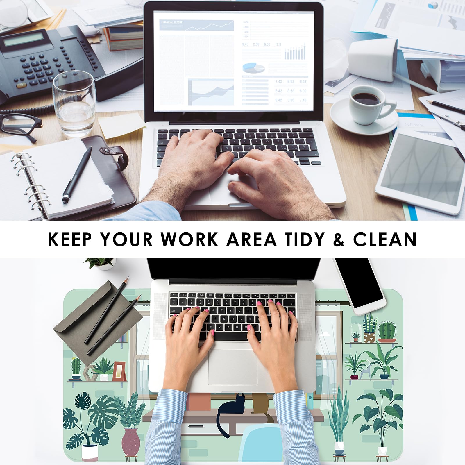 AFRITEE Sage Green Desk Mat with Cartoon Plants & Cats Design - Extra Large XL Non-Slip Office Desk Pad for Computer, Gaming & Home Workspace | Tropical Nature Themed Mousepad for Modern Desks (Home Office, Gaming Setup, Study Room)
