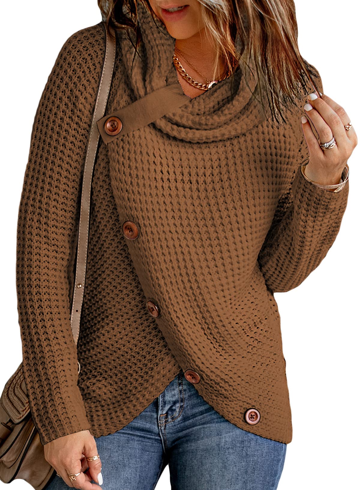 Actloe Women's Cowl Neck Long Sleeve Asymmetrical Hem Sweater - Front Wrap Pullover Jumper for Fall & Winter - Perfect for Office, Date Night and Casual Outfits