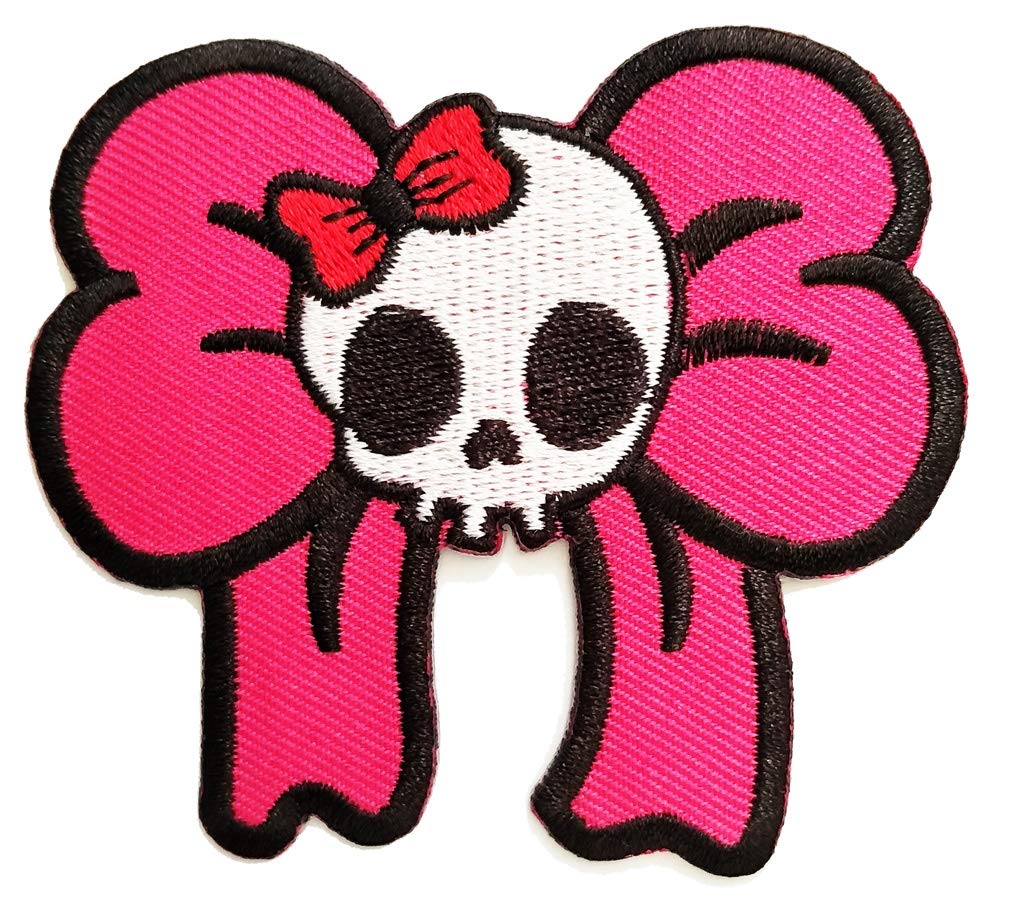 Cute Pretty Skull Girl with Pink Bow Iron On Patch - Cartoon Halloween Embroidered Applique for Backpacks, Bags, T-Shirts, Jackets & Hats - DIY Clothing Decoration for Costume Parties & Gothic Fashion