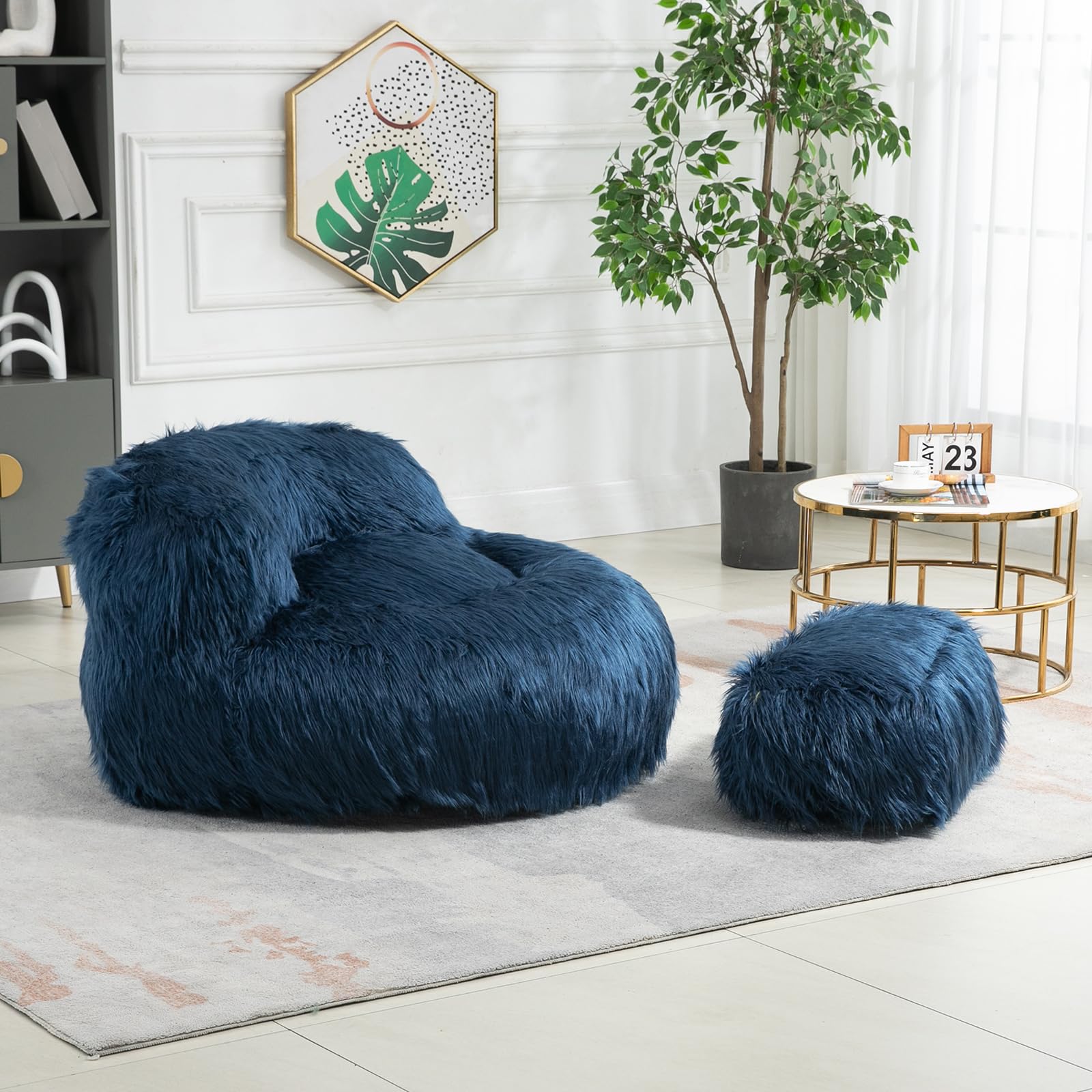 Premium Faux Fur Bean Bag Chair with Ottoman - Oversized Fluffy Accent Chair & Footstool Set for Adults & Kids - Soft Fuzzy Floor Sofa for Living Room, Bedroom, Apartment - 42.52