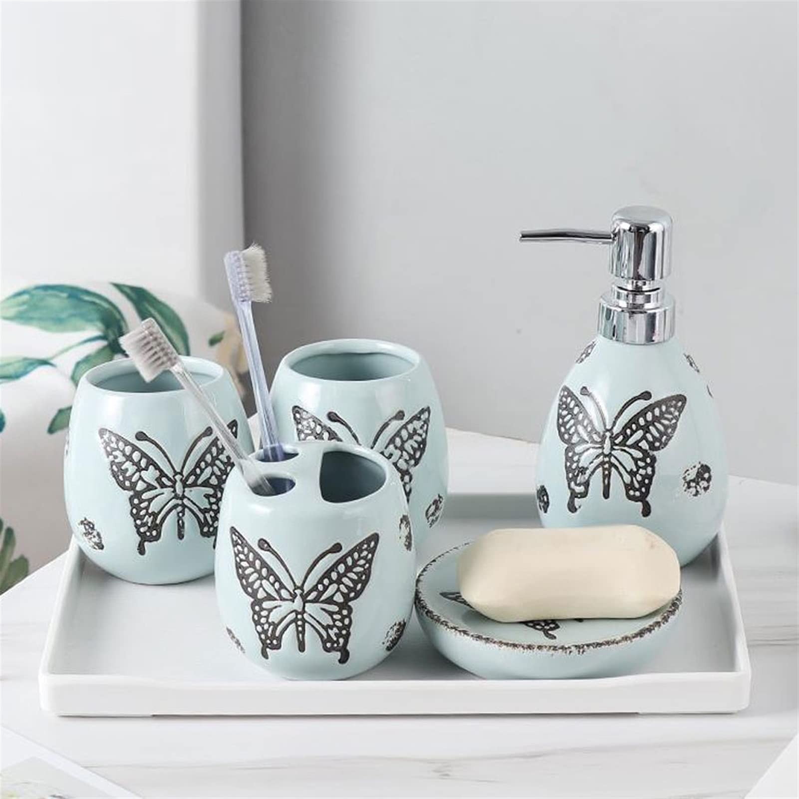 6-Piece Refillable Liquid Hand Soap Dispenser Set - Ceramic Soap Dispenser, Toothbrush Holder, Tumbler, Soap Dish & Tray | Bathroom Accessories for Hotel, Restroom & Home Decor | Perfect for Guest Bathrooms, Spa-Like Showers & Luxury Vanities