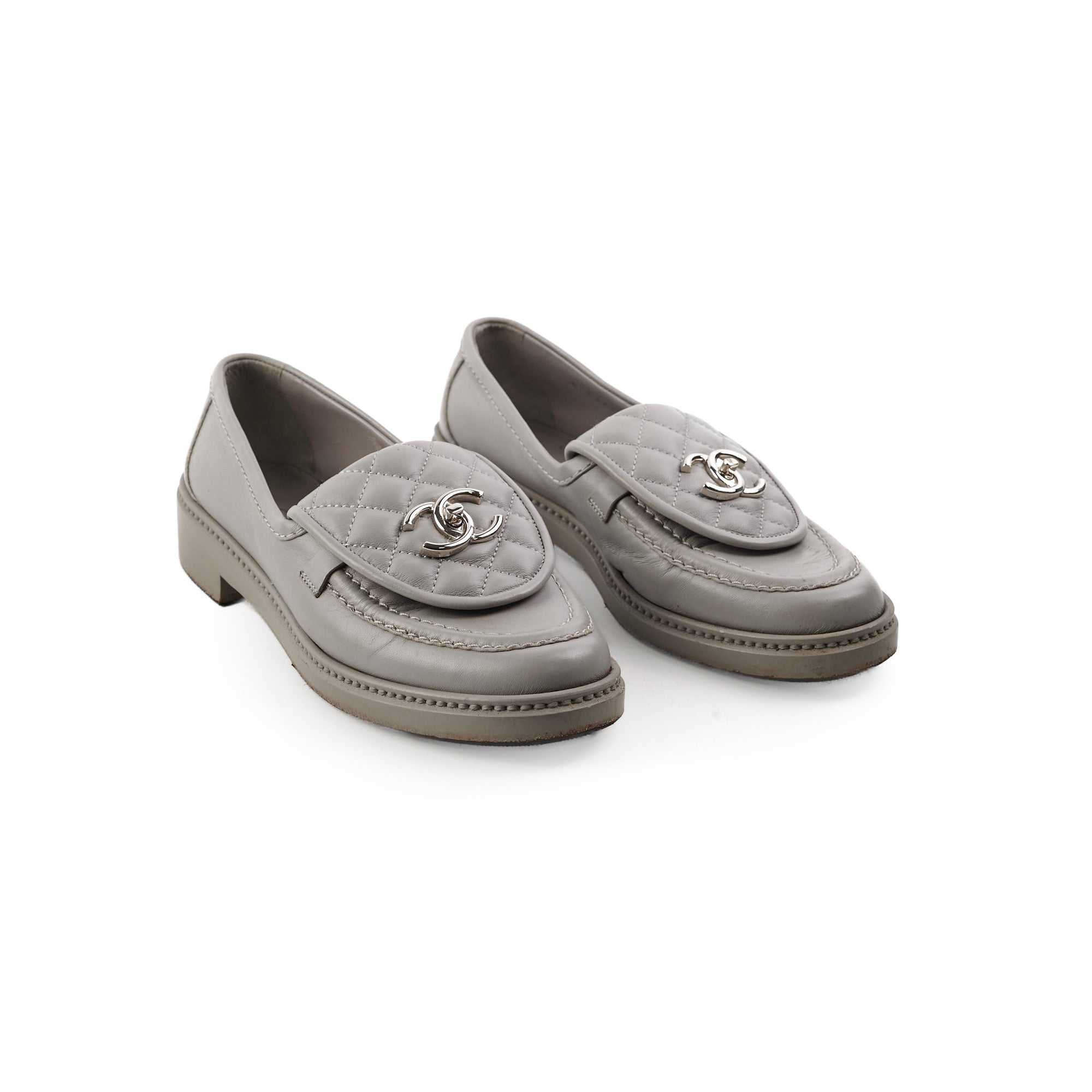 Chanel Quilted Grey Leather Loafers Women's Size 36.5 - Luxury Comfortable Slip-On Shoes for Office, Travel & Casual Outings