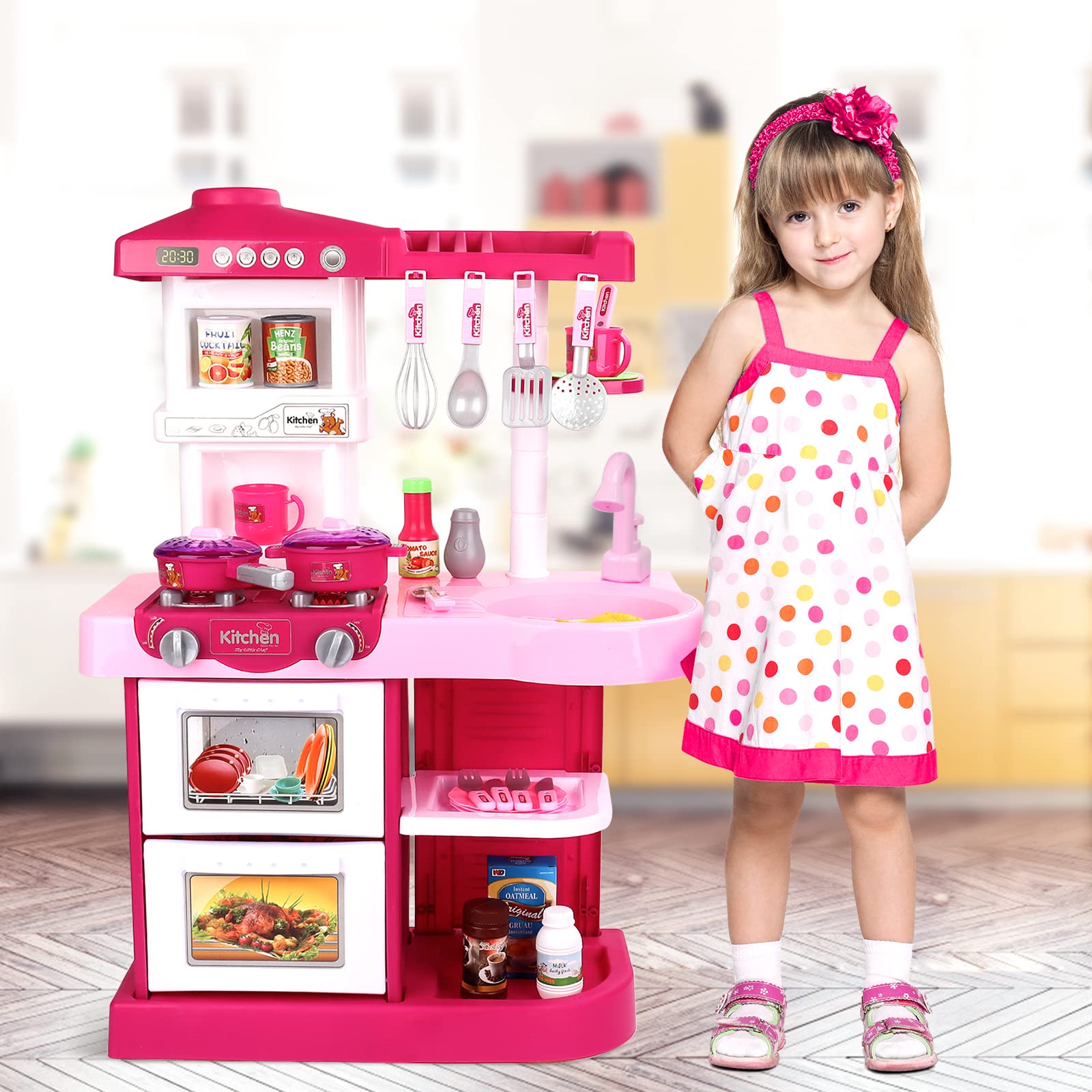 deAO Kids Cooking Toy Set with Multiple Accessories - Pretend Play Kitchen Toy for Girls & Boys (Pink) - Perfect for Role Play, Birthday Gifts & Early Learning Development