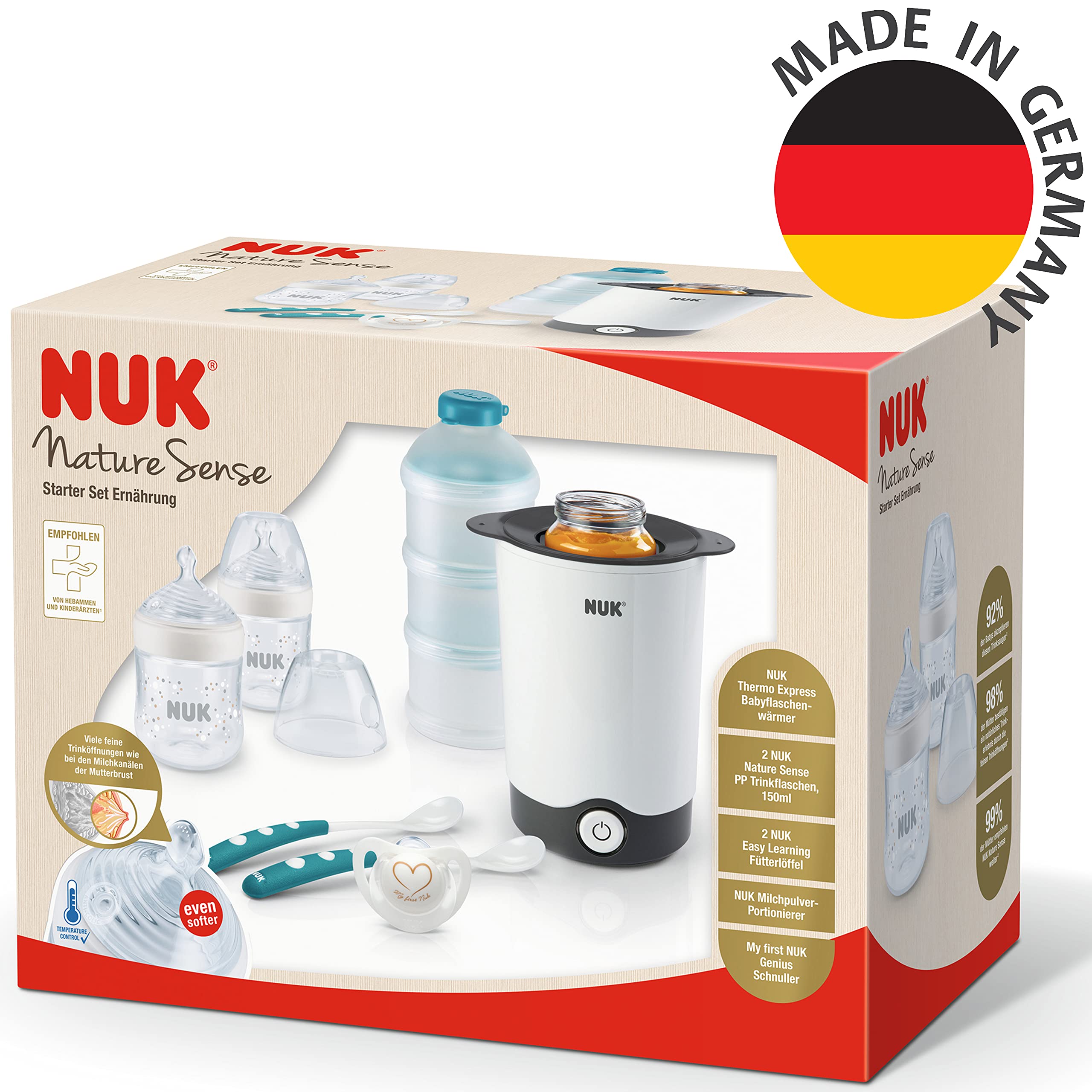 NUK Nature Sense Perfect Starter Baby Bottle Set - 2 (150ml, 0-6 Months) Anti-Colic Bottles with Temperature Display, Pacifier, Bottle Warmer, 2 Feeding Spoons & Formula Dispenser - 7 Piece Newborn Feeding Kit for Easy Daycare & Travel Feeding