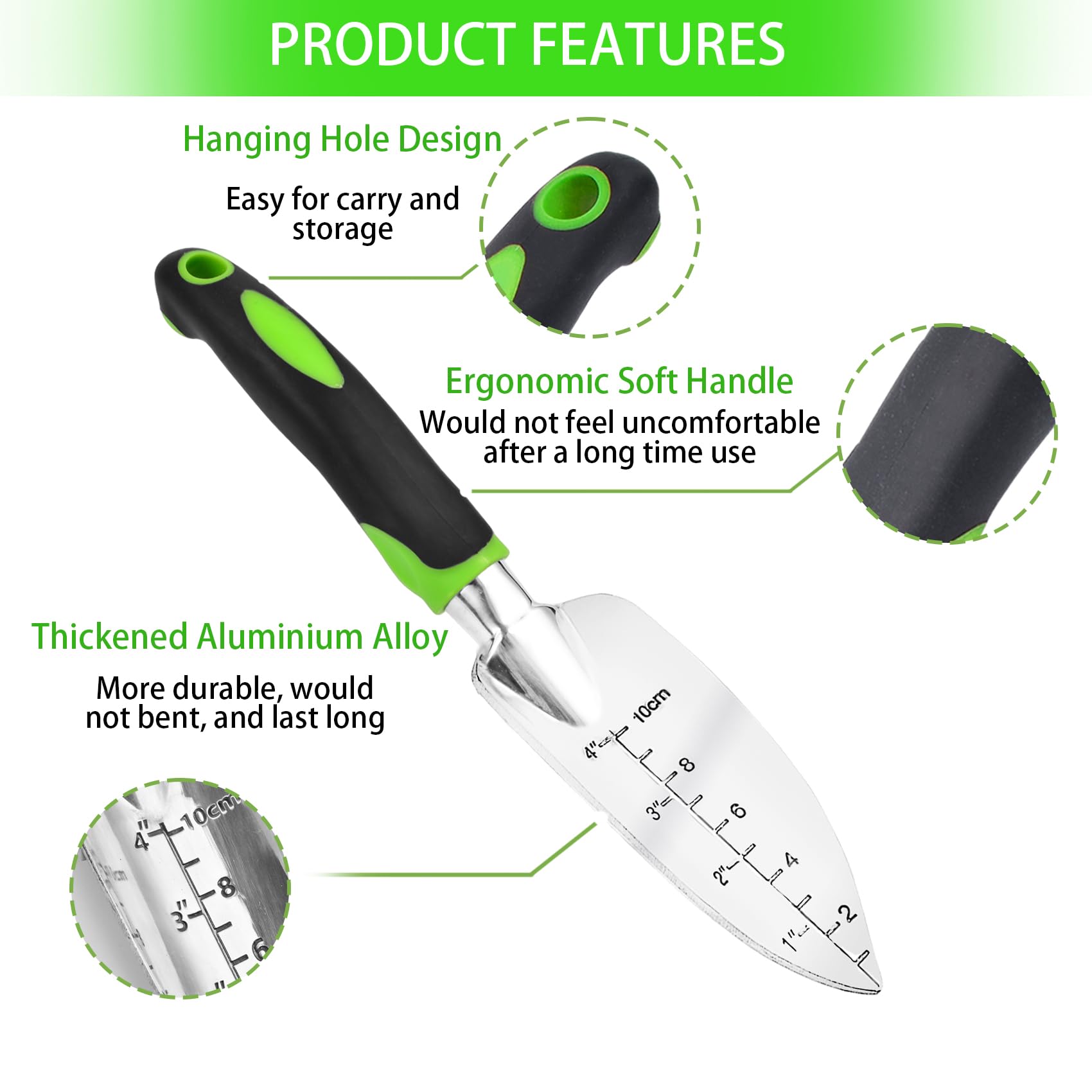 Premium Aluminum Alloy Garden Trowel Set with Ergonomic Rubber Handle - 3-Piece Gardening Hand Shovel Kit for Planting, Weeding & Soil Cultivation | Ideal for Home Gardens, Flower Beds & Vegetable Patches (Green)