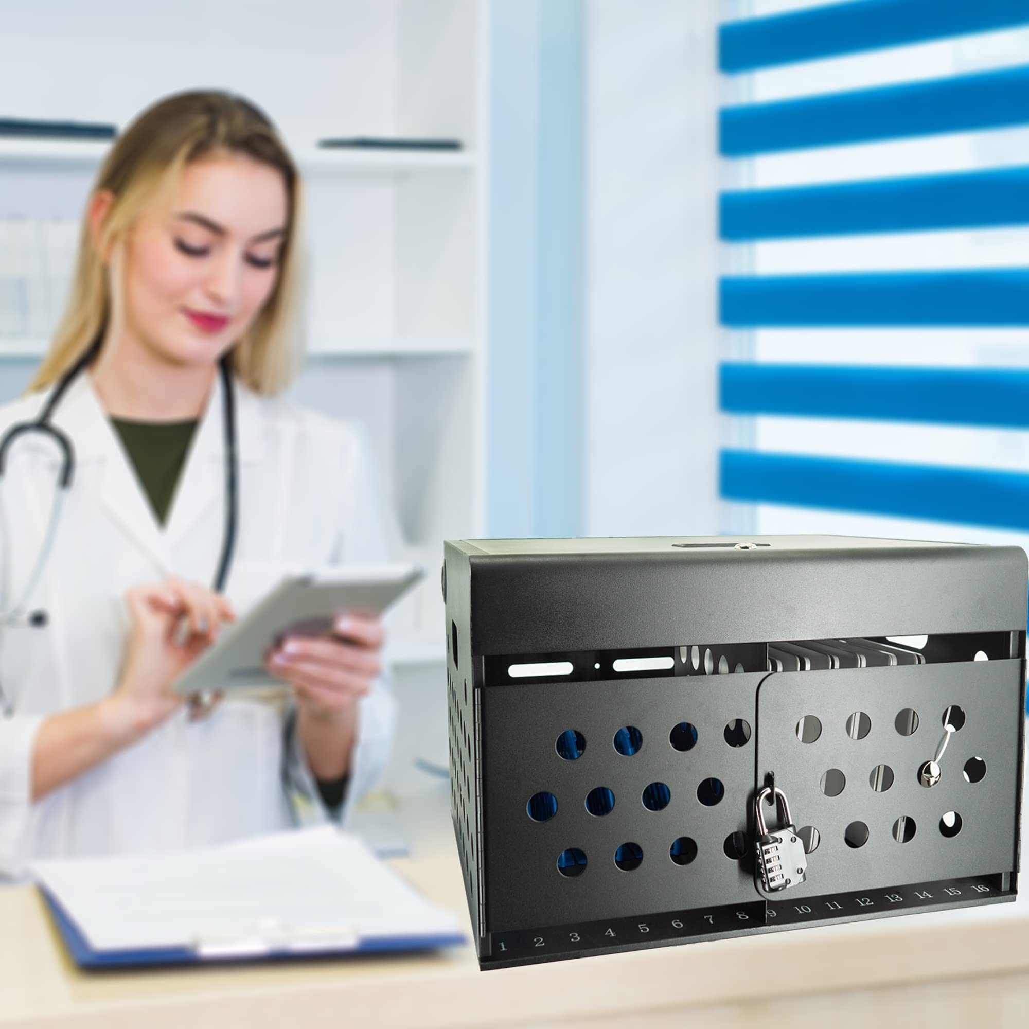 16-Device Locking Tablet Charging Station for Classroom - Secure Metal Charging Cart with Cable Management for Chromebooks, Tablets & Laptops (Black) | Ideal for Schools, Libraries & Office Charging Stations