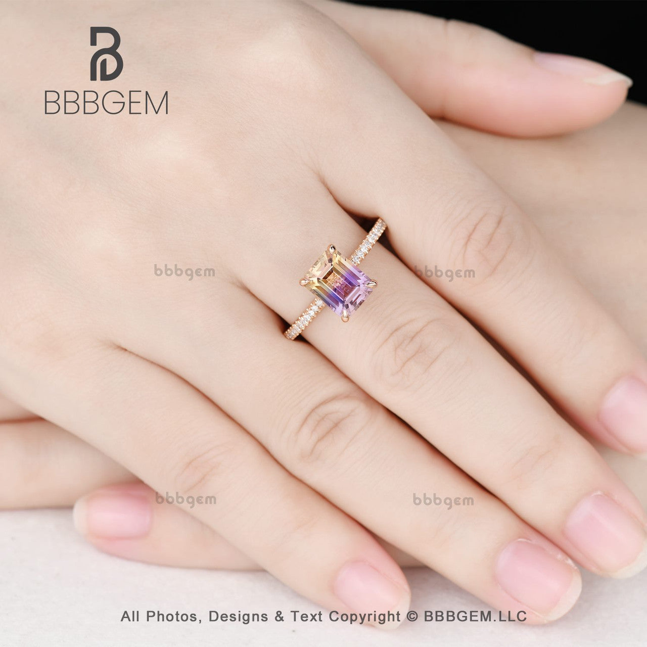 14K Rose Gold Emerald Cut Ametrine Solitaire Ring - Dainty Prong Set Amethyst Jewelry for Women, Valentine's Day Gift, Everyday Wear & Special Occasions