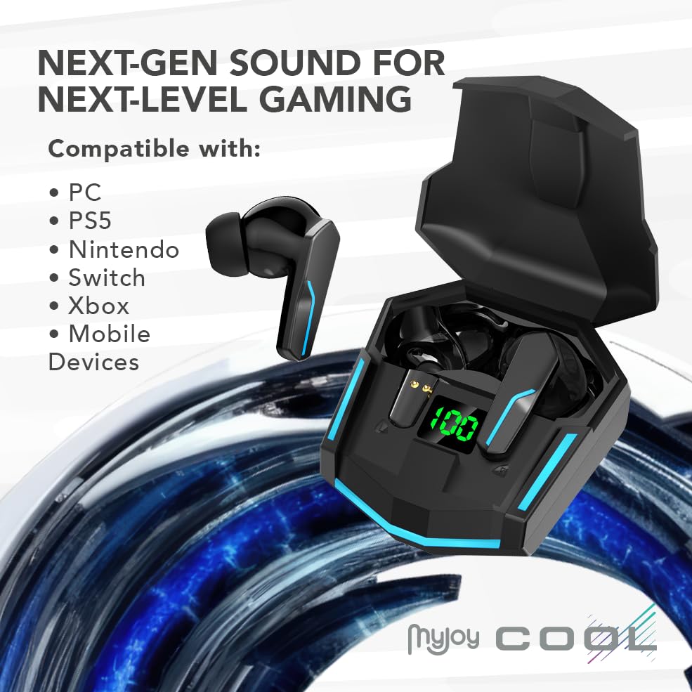 MyJoy Cool Wireless Gaming Earbuds with Active Noise Cancelling - Bluetooth 5.0 Headphones for Mobile Gaming, Workouts & Travel - Black | Perfect for Gamers, Commuters & Fitness Enthusiasts
