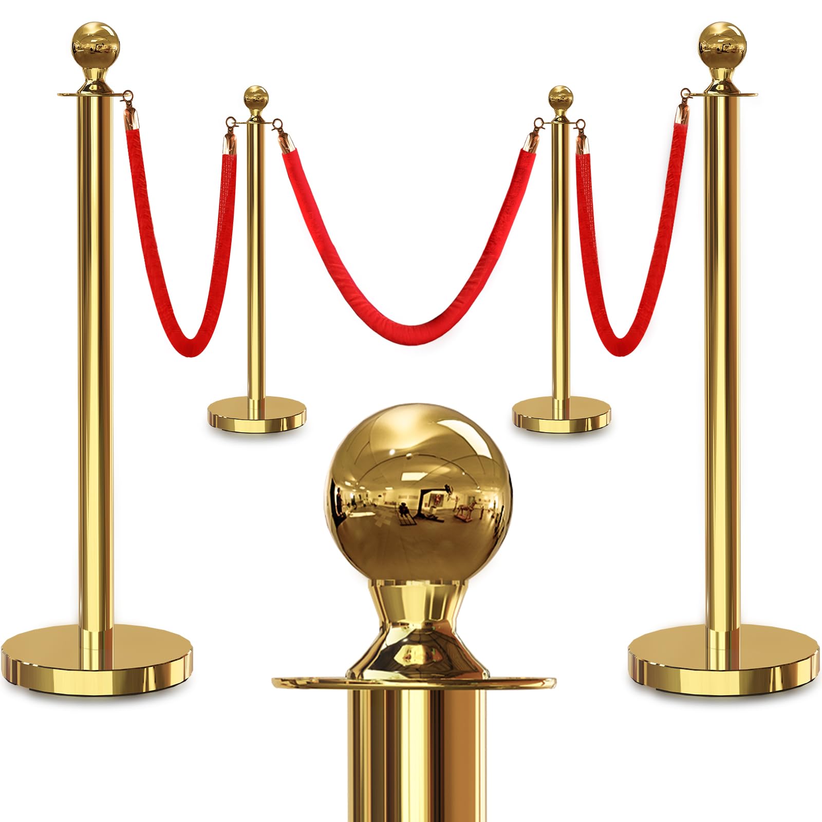 4PCS Gold Stanchion Posts with 3PCS 5FT Red Velvet Rope - Premium Crowd Control Barrier Set for Events, Parties, VIP Areas & Red Carpet Occasions | Durable Velvet Rope Stanchion System for Wedding, Theater, Museum & Hotel Queue Management
