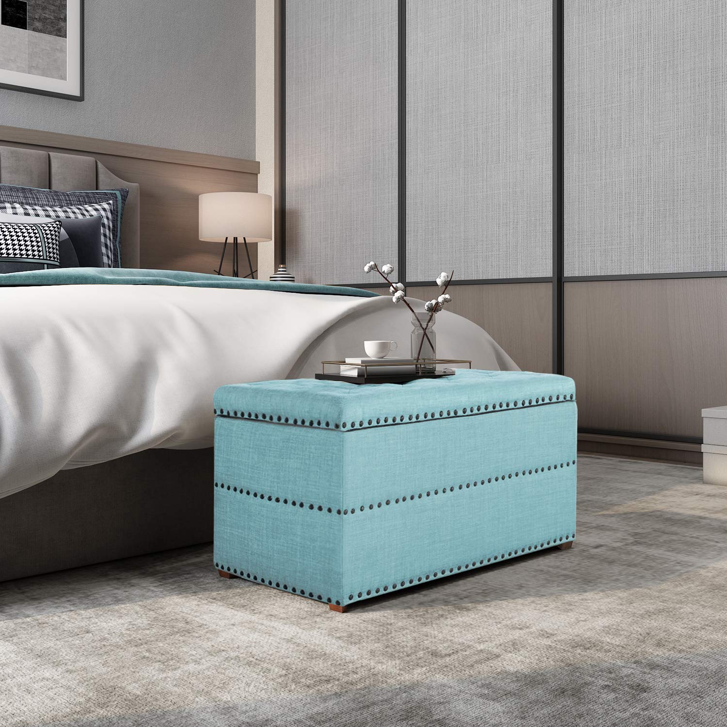 Modern Storage Ottoman Bench with Shoe Storage - Rectangular Nailhead Tufted Window Seat Bench in Blue | Living Room, Bedroom & Entryway Furniture for Home Organization