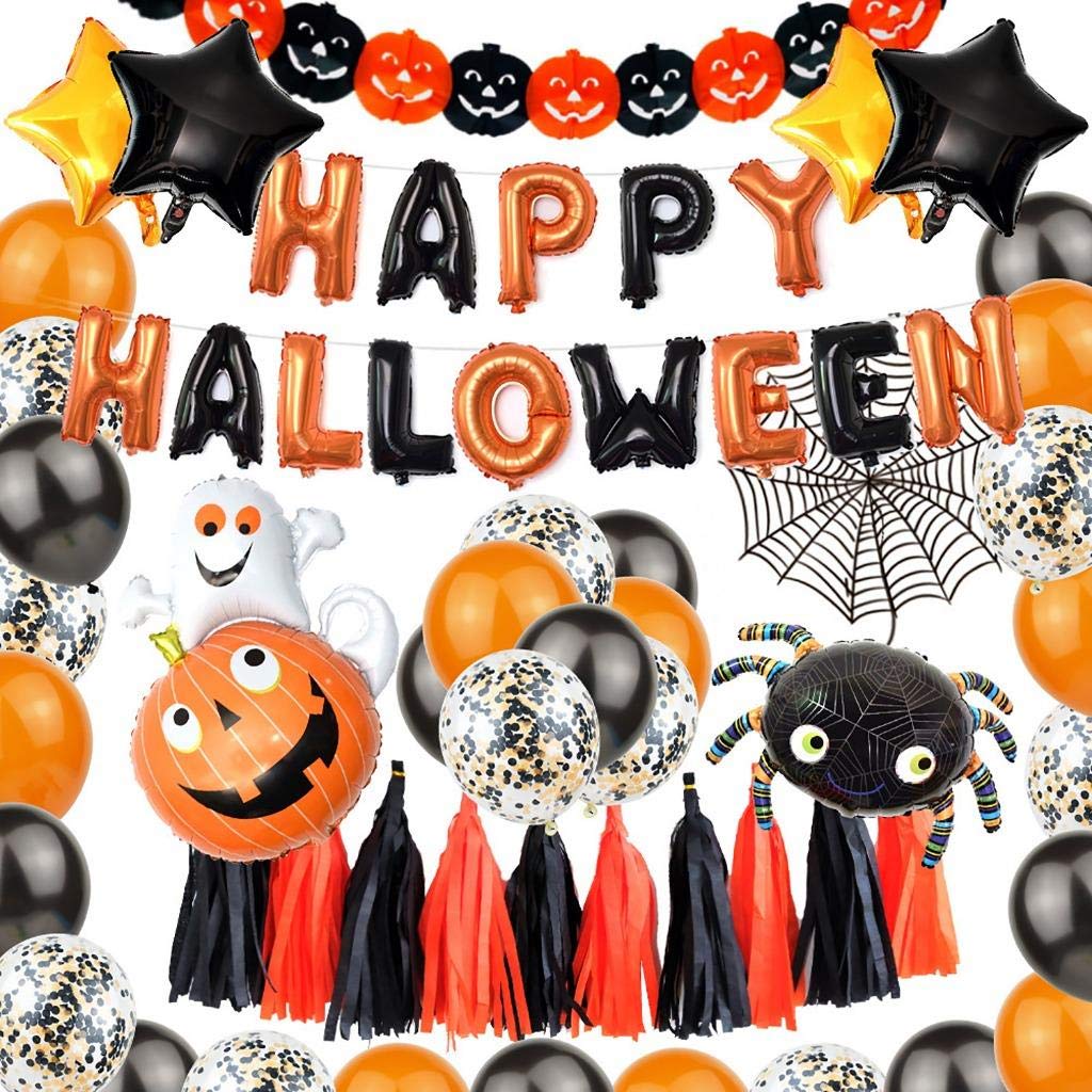 46-Piece Halloween Balloons & Banner Decorations Kit - Large Happy Halloween Party Supplies with Latex Balloons, Tassels, Inflatable Foil Balloons - Perfect for Halloween Party Decor, Home & Office Celebration