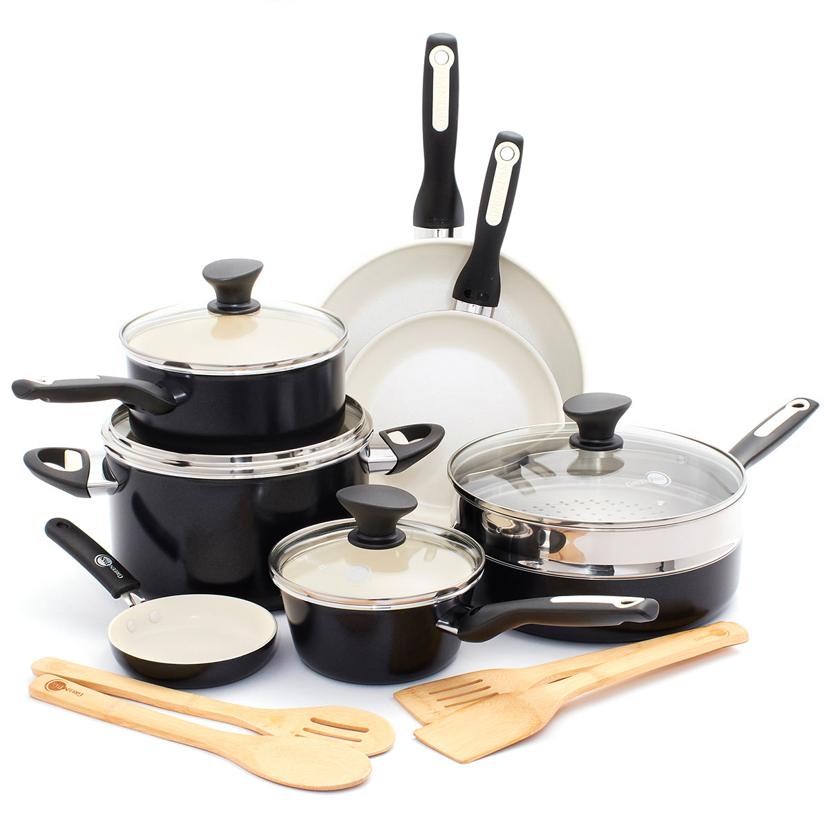 Rio Ceramic Nonstick 16-Piece Cookware Set - Black | Non-Toxic PFOA-Free Pots & Pans for Healthy Cooking | Perfect for Frying, Boiling & Sauteing in Modern Kitchens