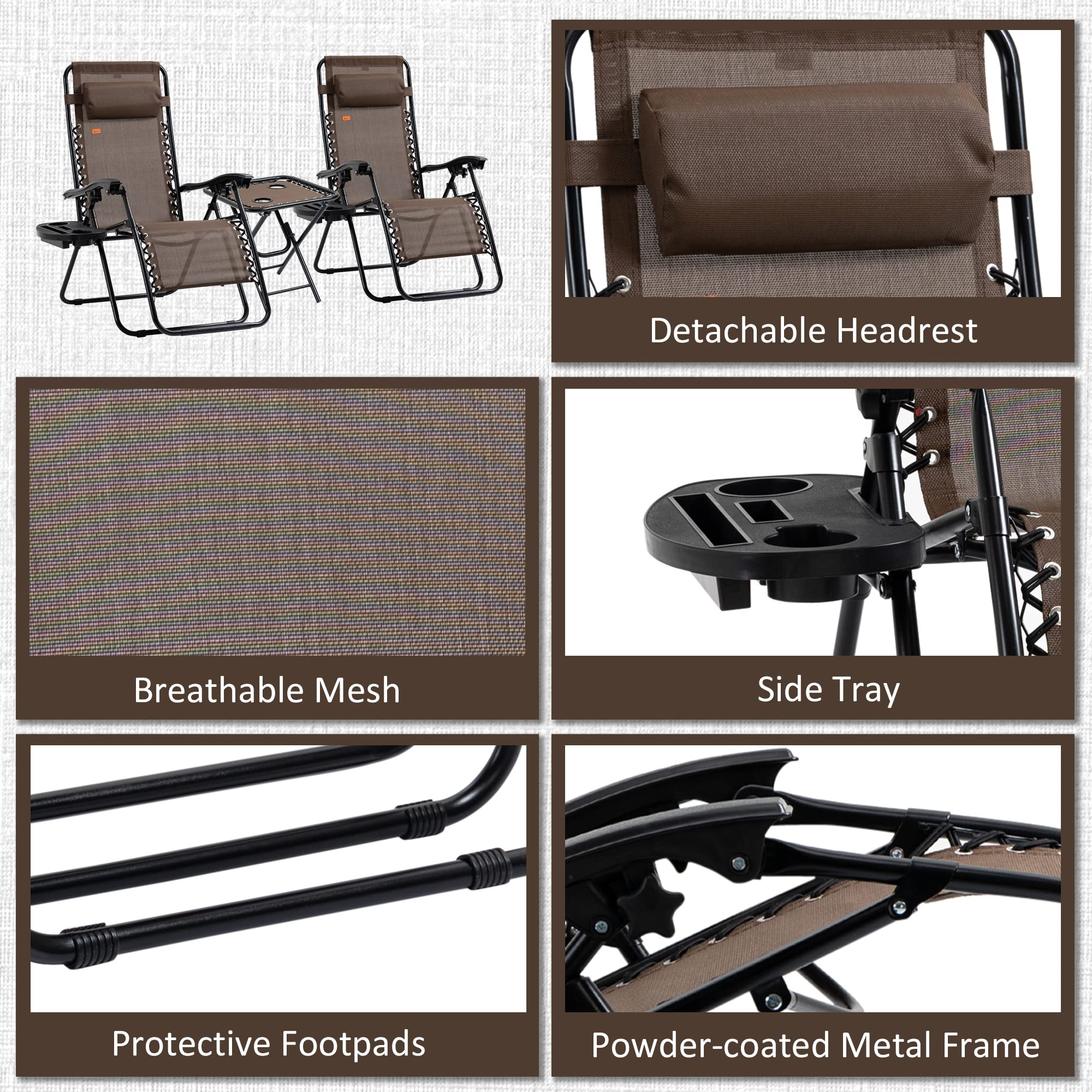 Outsunny Zero Gravity Reclining Chair Set with Side Table - Adjustable Folding Lounge Chair with Cup Holders & Pillows for Pool, Backyard, Beach, Patio - Perfect for Relaxing, Sunbathing & Outdoor Lounging