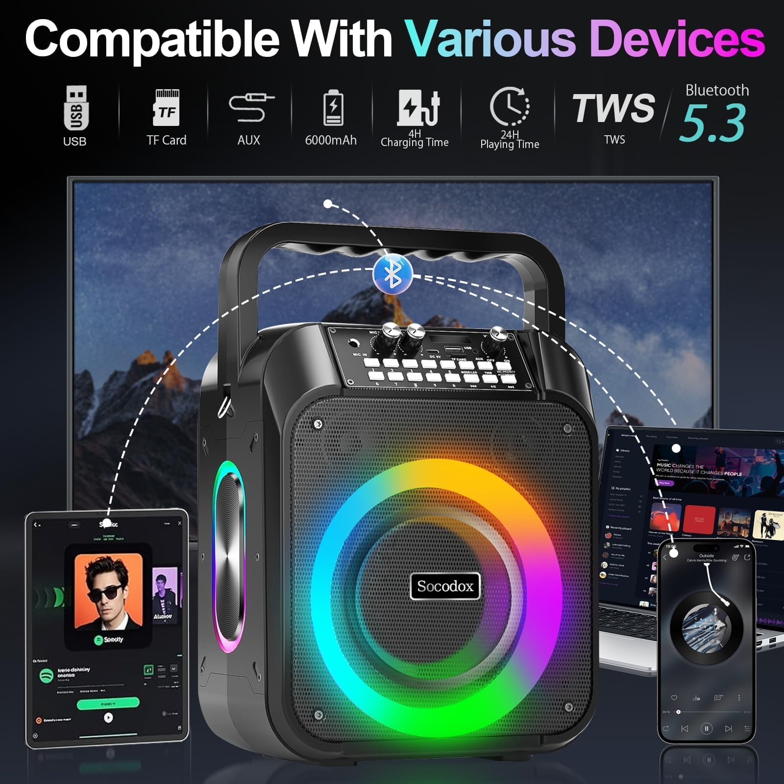 60W Portable Bluetooth Karaoke Machine with 2 Wireless Mics - 6000mAh Battery (12H Playtime), TWS Stereo, RGB Lights, Dual Diaphragm PA System for Home Parties, Singing & DJ Performances | Perfect for Family Gatherings, Kids' Birthday Parties & Indoor/Outdoor Entertainment