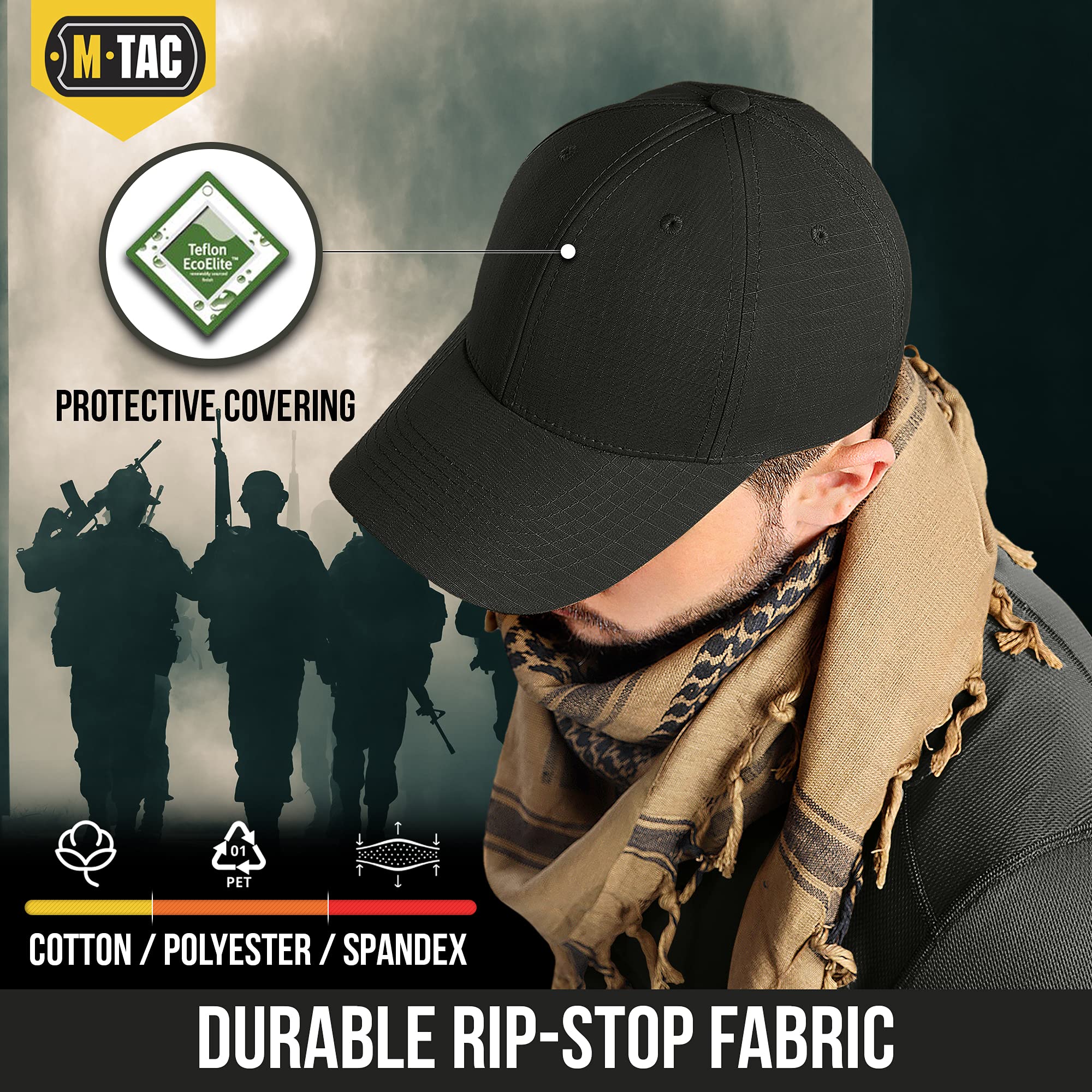 M-Tac Tactical Baseball Cap - Adjustable Ripstop Hat for Men & Women, Military Style Outdoor Workout Cap for Hiking, Running, and Casual Wear