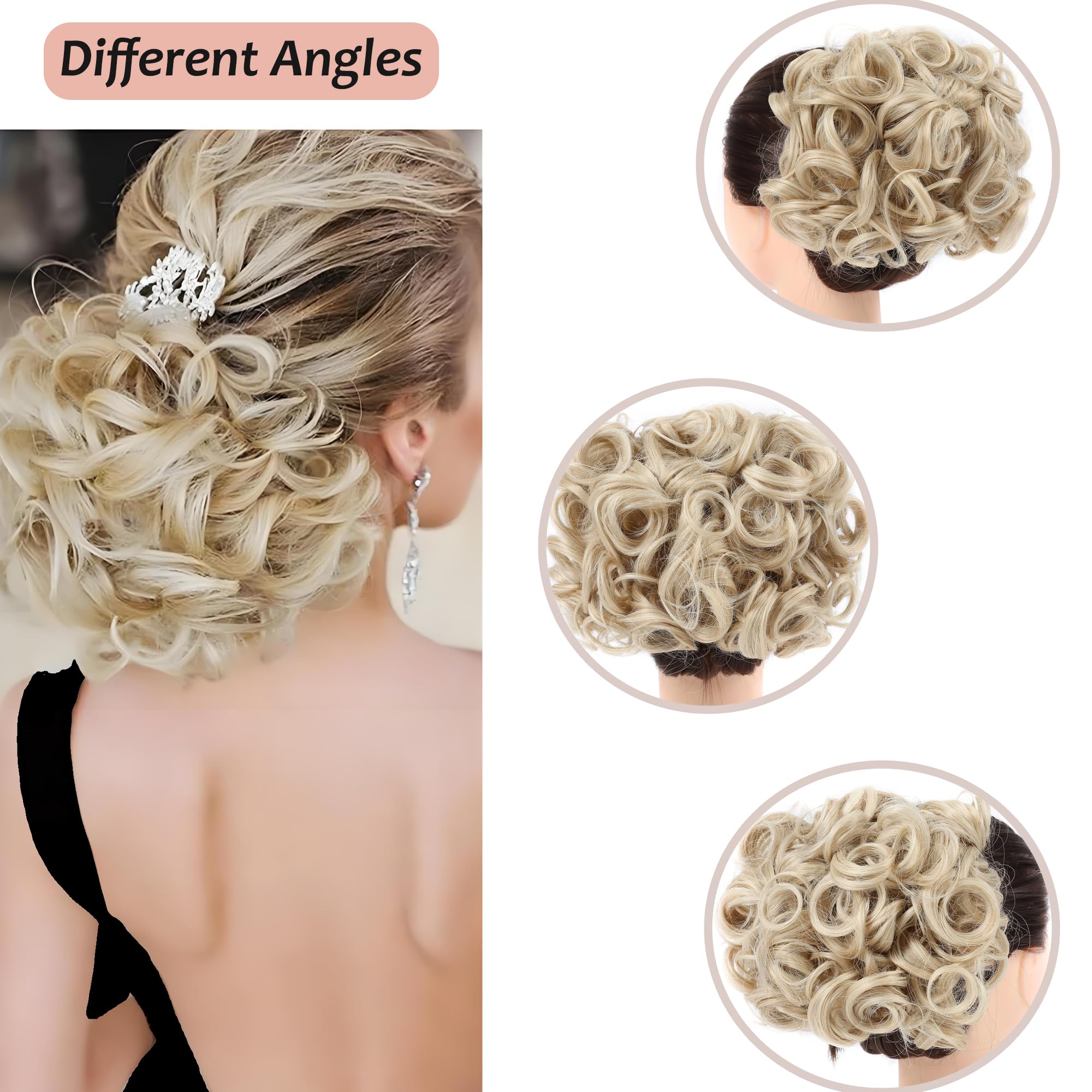 Elaine Combs Messy Bun Hairpiece - Clip in Ponytail Extension for Women with Curly Thick Chignon & Scrunchies (Ash Blonde & Bleach Blonde Highlights #58) - Perfect for Weddings, Parties and Everyday Hairstyles