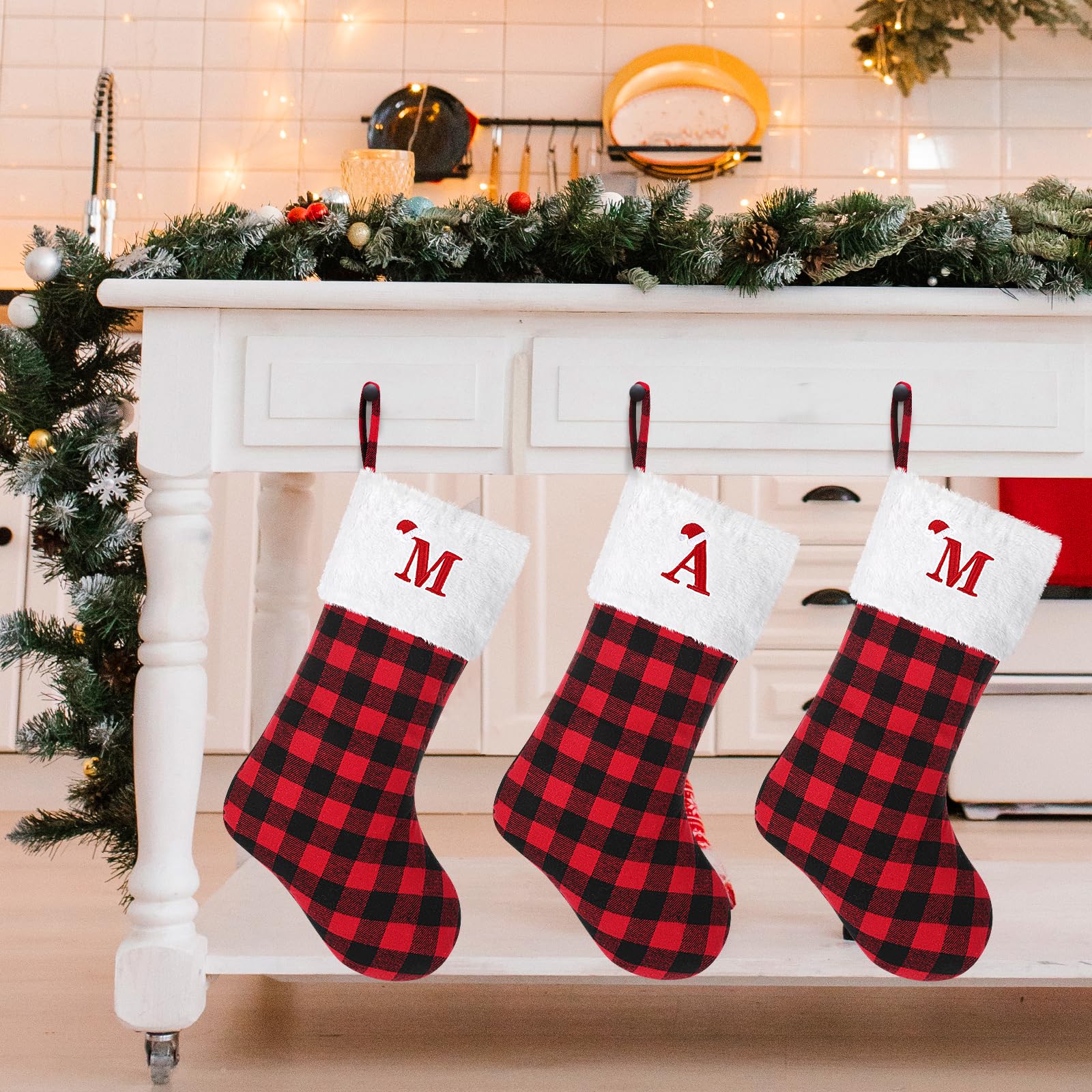 20 Inch Large Personalized Monogram Christmas Stocking - Red & Black Buffalo Plaid with Embroidered Initial Letter (K) | Holiday Fireplace Decor for Xmas, Family Gatherings and Festive Home Decoration