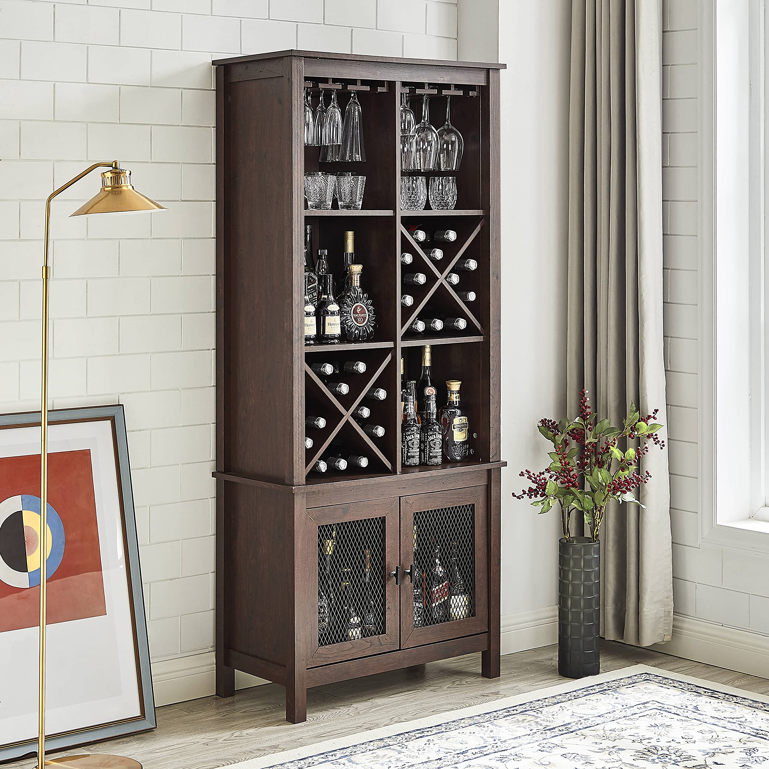 Stylish Mahogany Bar Cabinet with Wire Mesh Doors - Vintage Home Bar Storage & Bookshelf for Living Room, Dining Room or Home Office