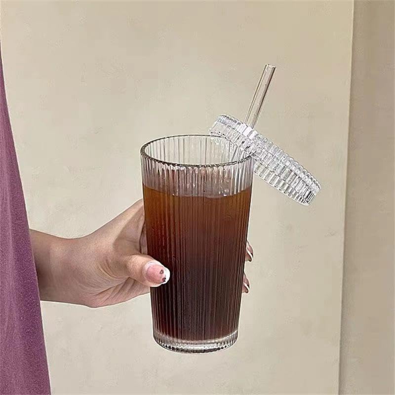 12.5oz Glass Coffee Cup with Lids & Straws - Leak-Proof, BPA-Free Drinking Glasses for Iced Coffee, Smoothies & Cold Beverages - Perfect for Home, Office & Cafe Use (Round Shape, Non-Screw Secure Lid)