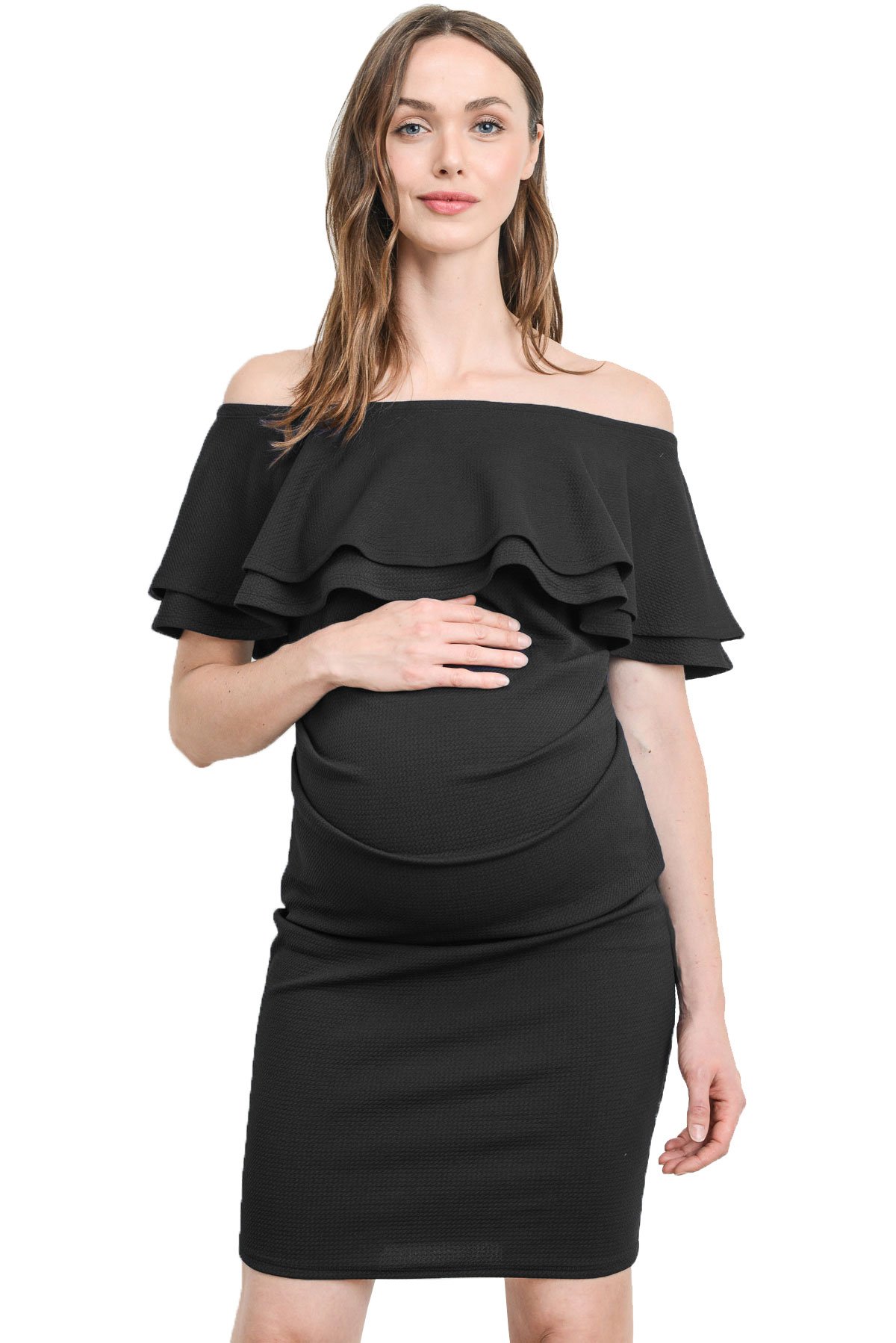 LaClef Women's Off Shoulder Maternity Dress with Double Ruffle - Comfortable Pregnancy Dress for Baby Shower, Maternity Photo Shoot & Summer Vacation