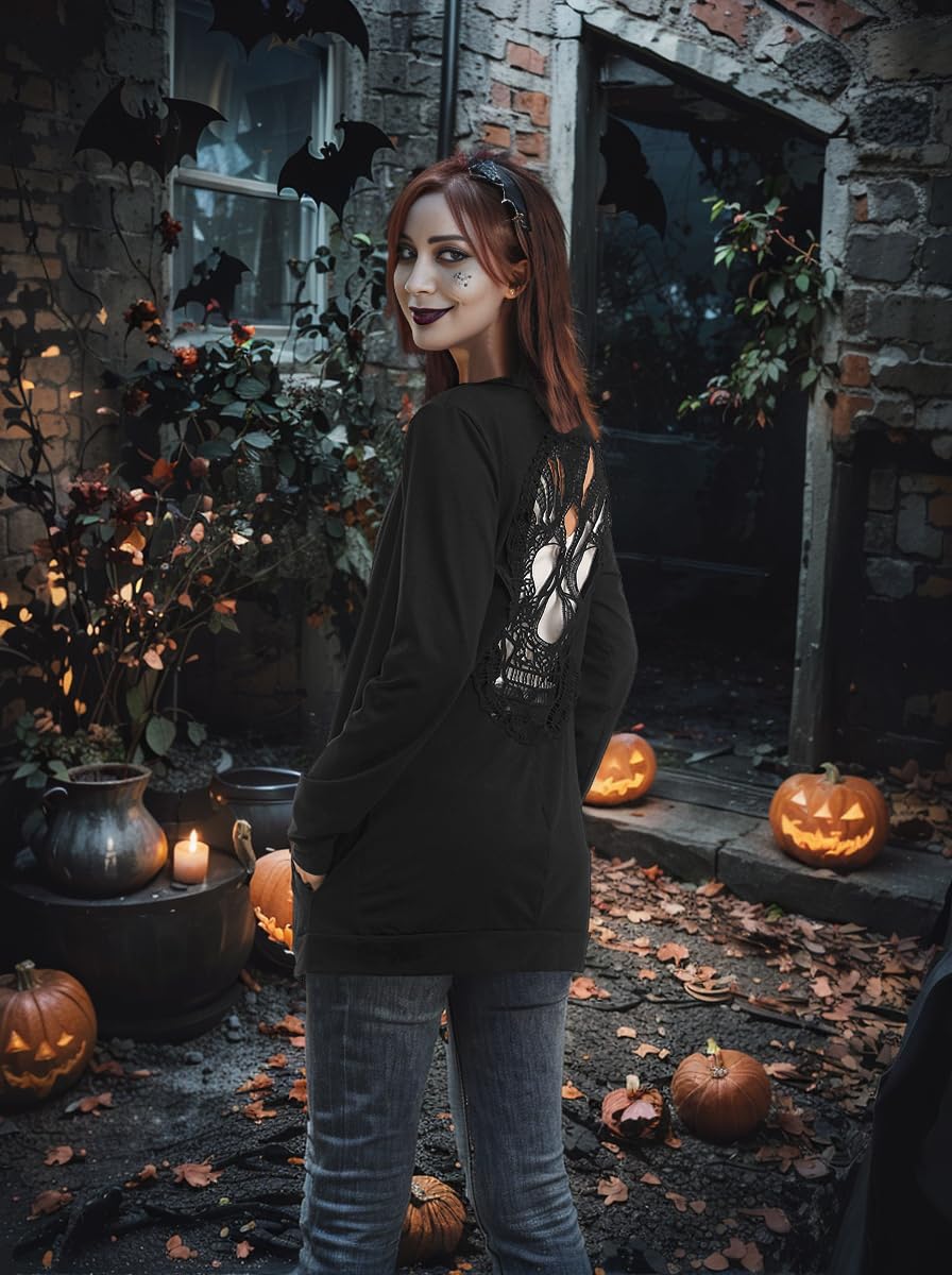 WLLW Women's Long Sleeve Open Front Cardigan with Back Cut Out Skull Design - Stylish Layering Top for Fall Fashion, Casual Outfits, and Night Out Looks