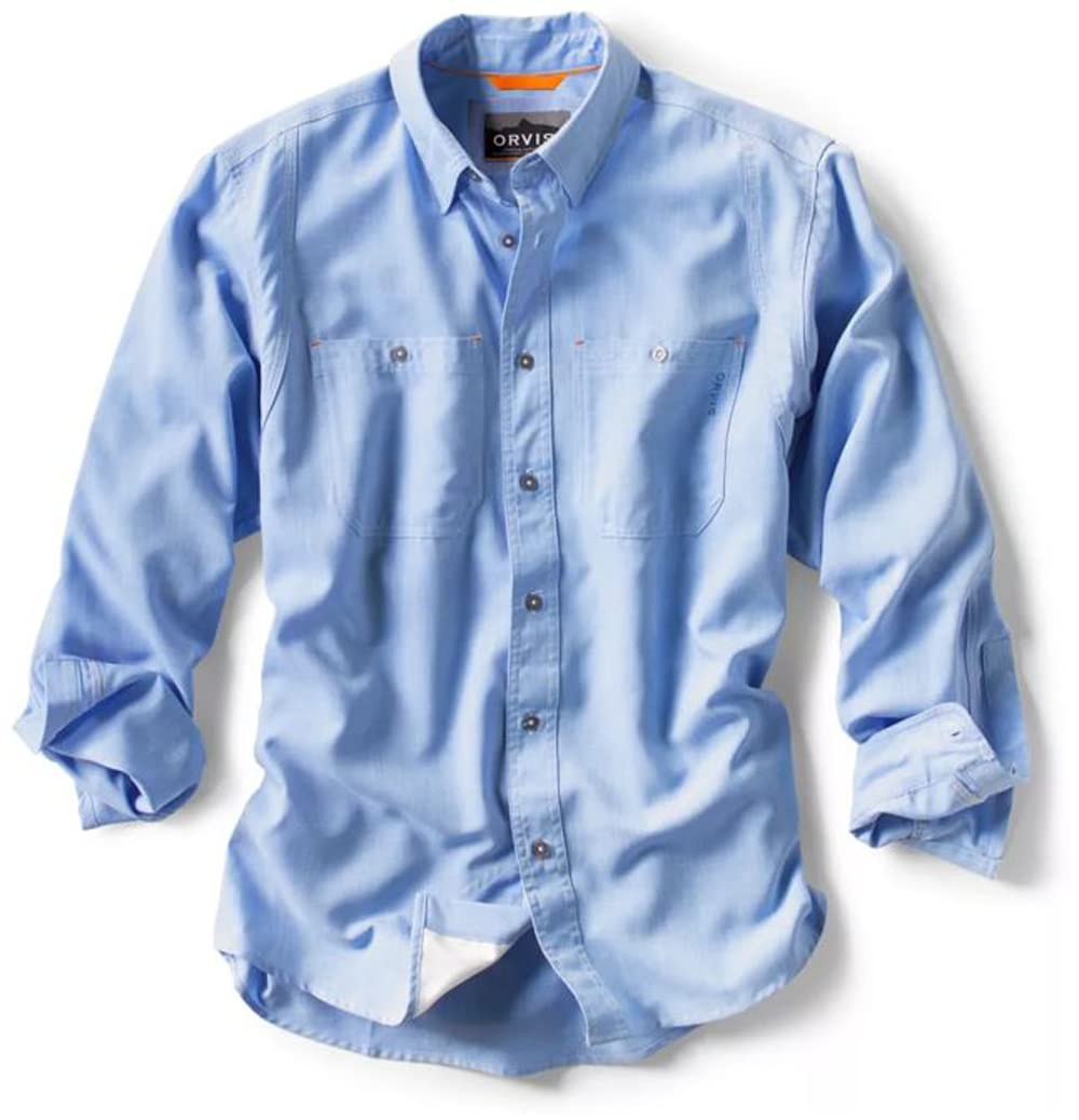 Orvis Tech Chambray Long Sleeve Men's Work Shirt - Lightweight Quick-Drying UPF 40+ Sun Protection Casual Button Down Shirt for Outdoor Work, Hiking & Everyday Wear