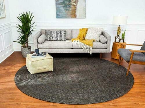 Handwoven Black Jute Round Area Rug - 9x9 Feet Farmhouse Style Braided Rug for Living Room, Bedroom, Kitchen | Eco-Friendly Natural Fiber Floor Mat for Boho Decor, Cozy Home & Pet-Friendly Spaces