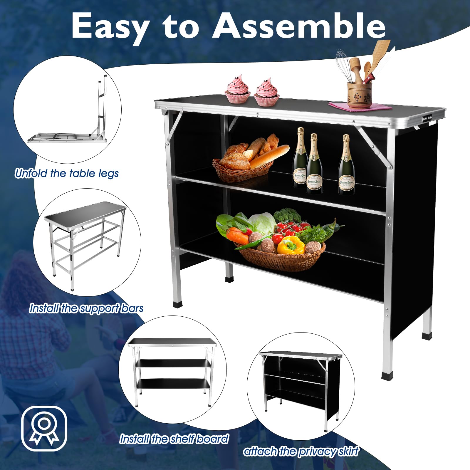 BRILLIHOOD Portable Double Shelves Bar Table with LED Neon Sign - Mobile Bartender Station for Home, Events, Outdoor & Patio Use | Includes Black Skirt & Carry Case | Perfect for Parties, Weddings & Backyard Gatherings