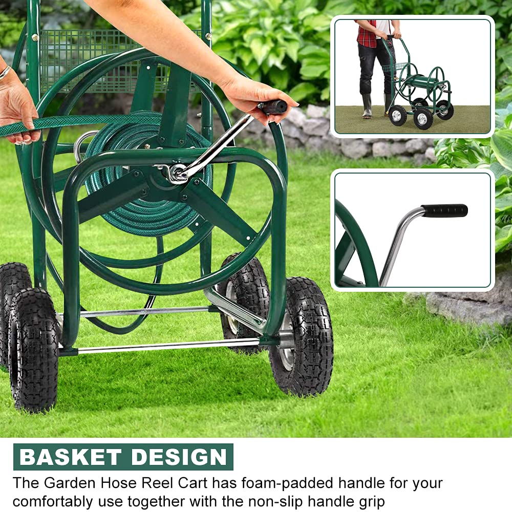 Heavy Duty Portable Hose Reel Cart with 4 Wheels - 300ft Capacity for 5/8-Inch Garden Hose | Outdoor Yard, Lawn & Garden Watering Solution with Storage Basket | Perfect for Residential Landscaping, Farm Irrigation & Commercial Use