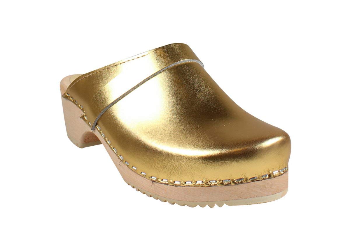 Swedish Classic Clog Mules for Women - Handmade Wooden Clogs with Low Heel & Slip-On Design | Genuine Alder Wood Base & PU Coated Leather | Gold Color | Perfect for Casual Wear, Gardening & Home Comfort