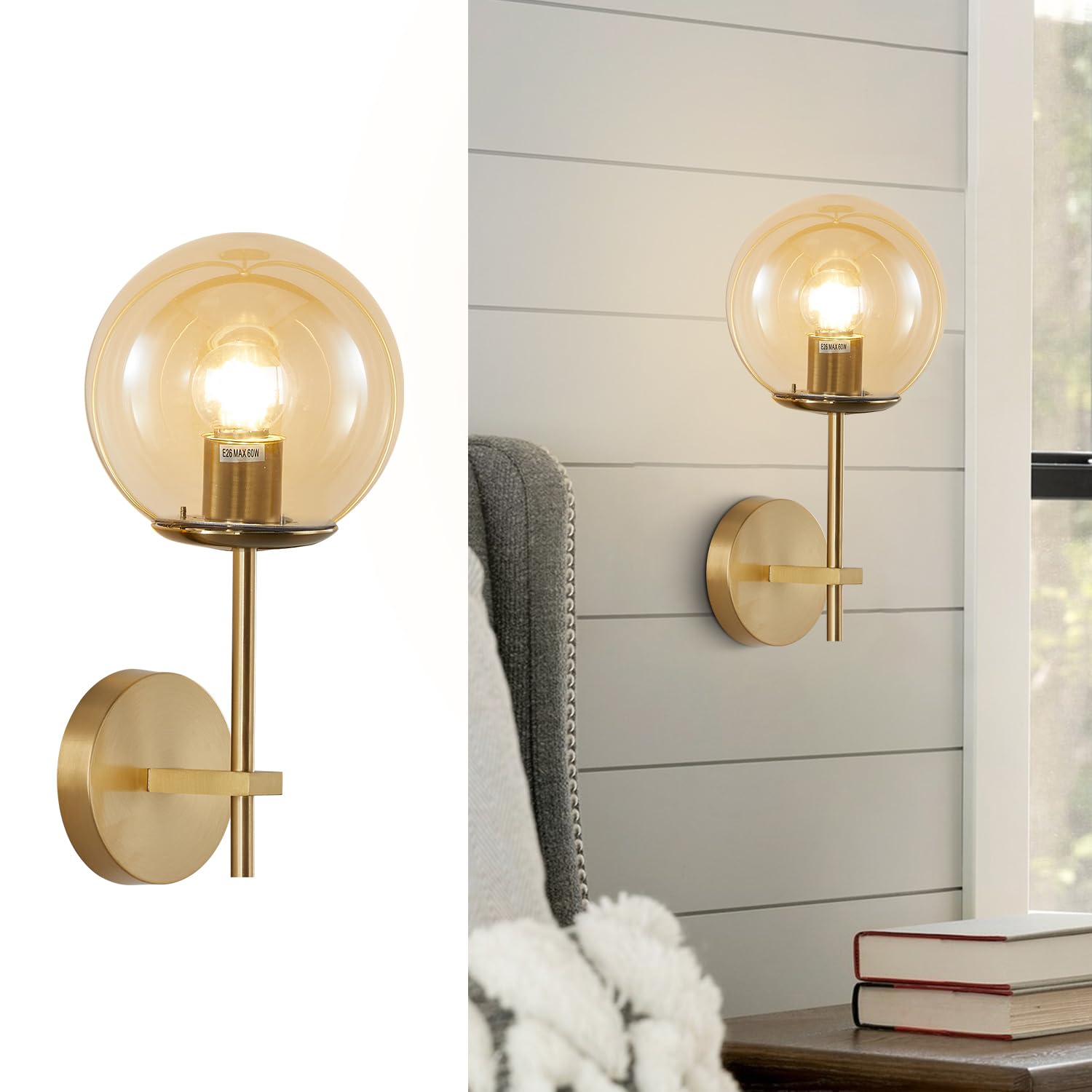 Modern Mid Century Style Wall Sconce with Glass Shade & Brass Finish - Amber Bathroom Vanity Light for Home Decor | Perfect for Bedroom, Hallway & Bathroom Lighting